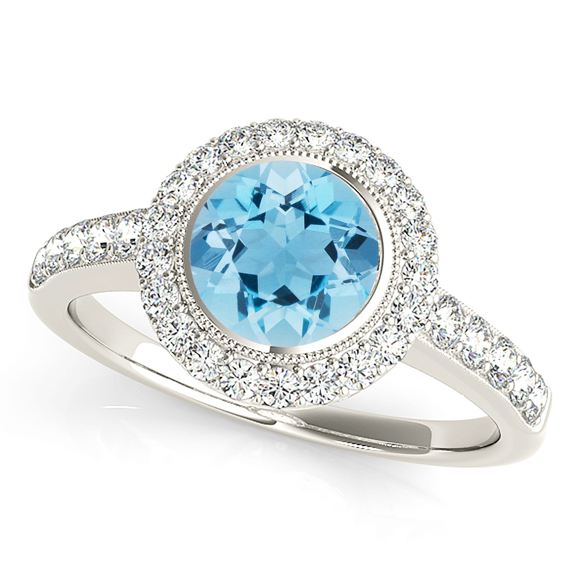 1.10 ct. Genuine Aquamarine Ring With 0.40 ctw. Diamond Halo And Delicate Thin Diamond Band| Round Blue Aquamarine Halo Ring-VIRABYANI