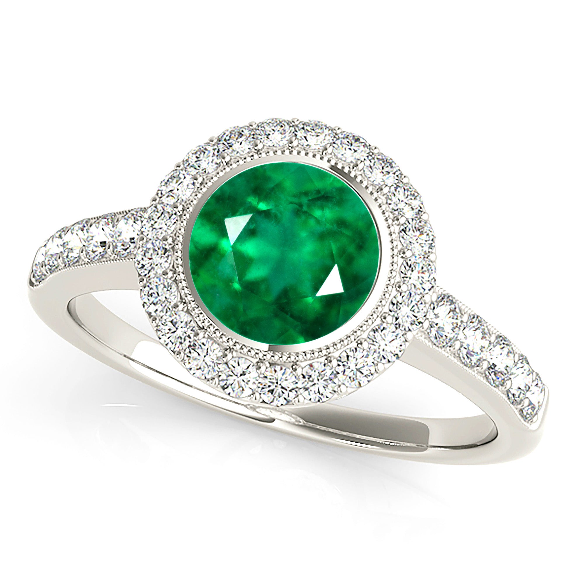 1.14 ct. Genuine Emerald Ring with 0.40 ctw. Diamond Milgrain Halo And Simple Diamond Band-VIRABYANI