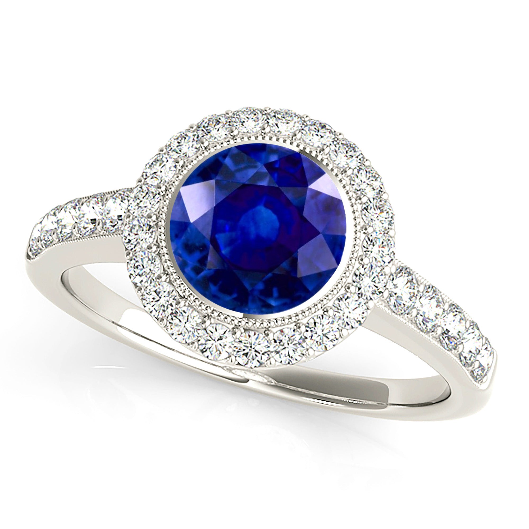 1.35 ct. Genuine Blue Sapphire Bezel Set Milgrain Halo Ring With 0.40 ctw. Side Diamonds-VIRABYANI