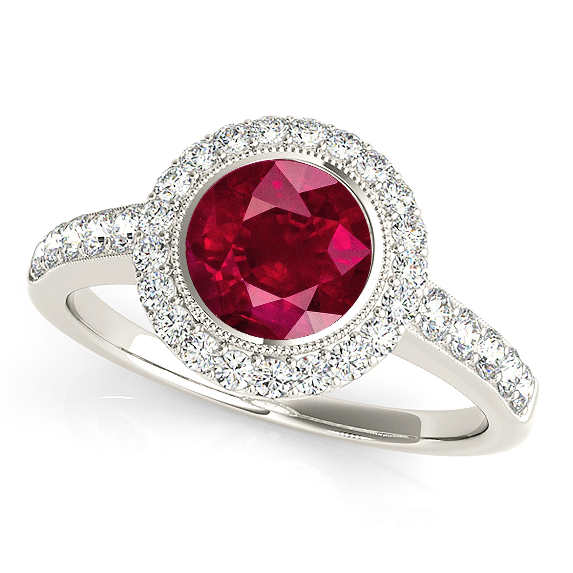 1.35 ct. Genuine Ruby Ring With 0.40 ctw. Diamond Milgrain Halo And Delicate Diamond Band-in 14K/18K White, Yellow, Rose Gold and Platinum - Christmas Jewelry Gift -VIRABYANI