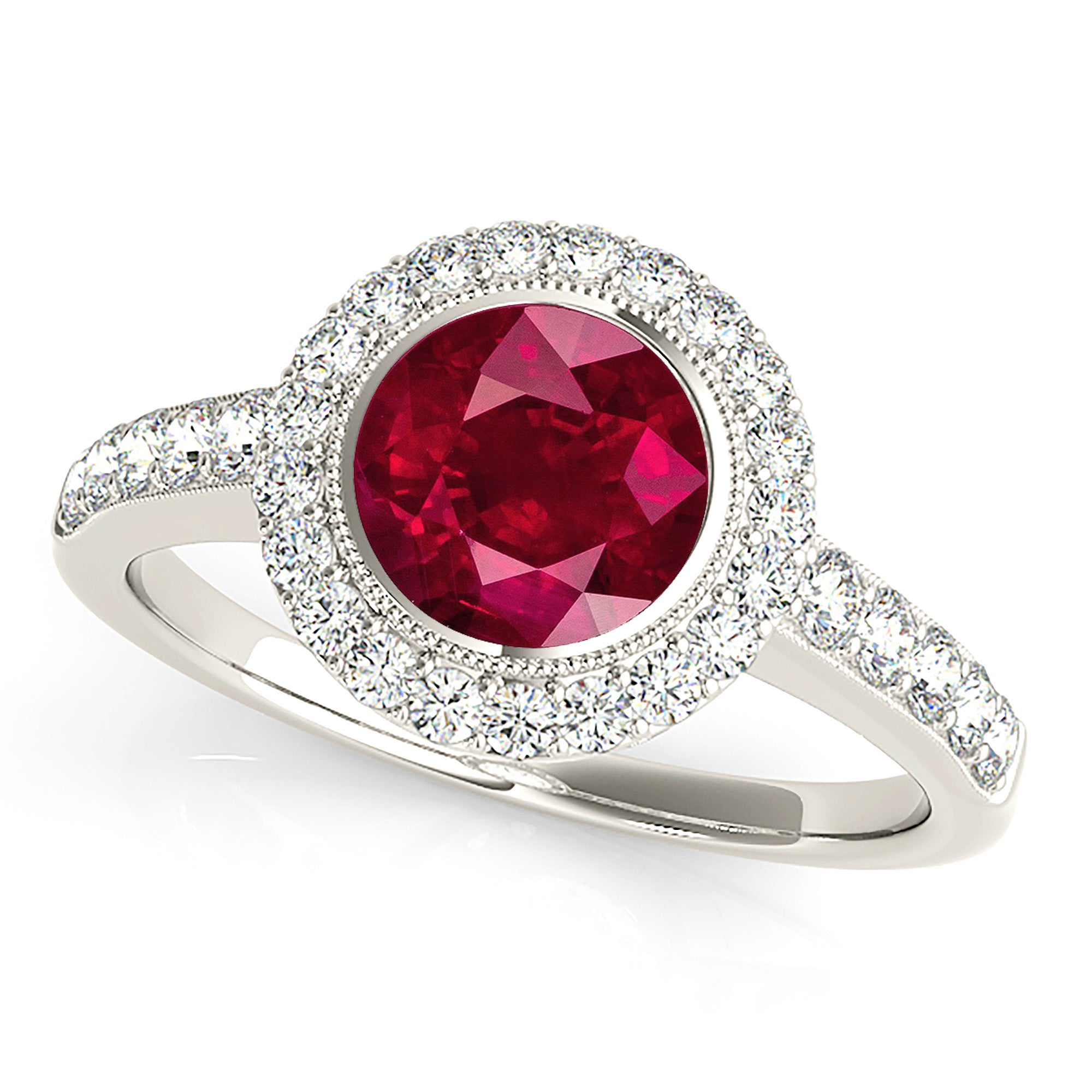 1.35 ct. Genuine Ruby Ring With 0.40 ctw. Diamond Milgrain Halo And Delicate Diamond Band-VIRABYANI