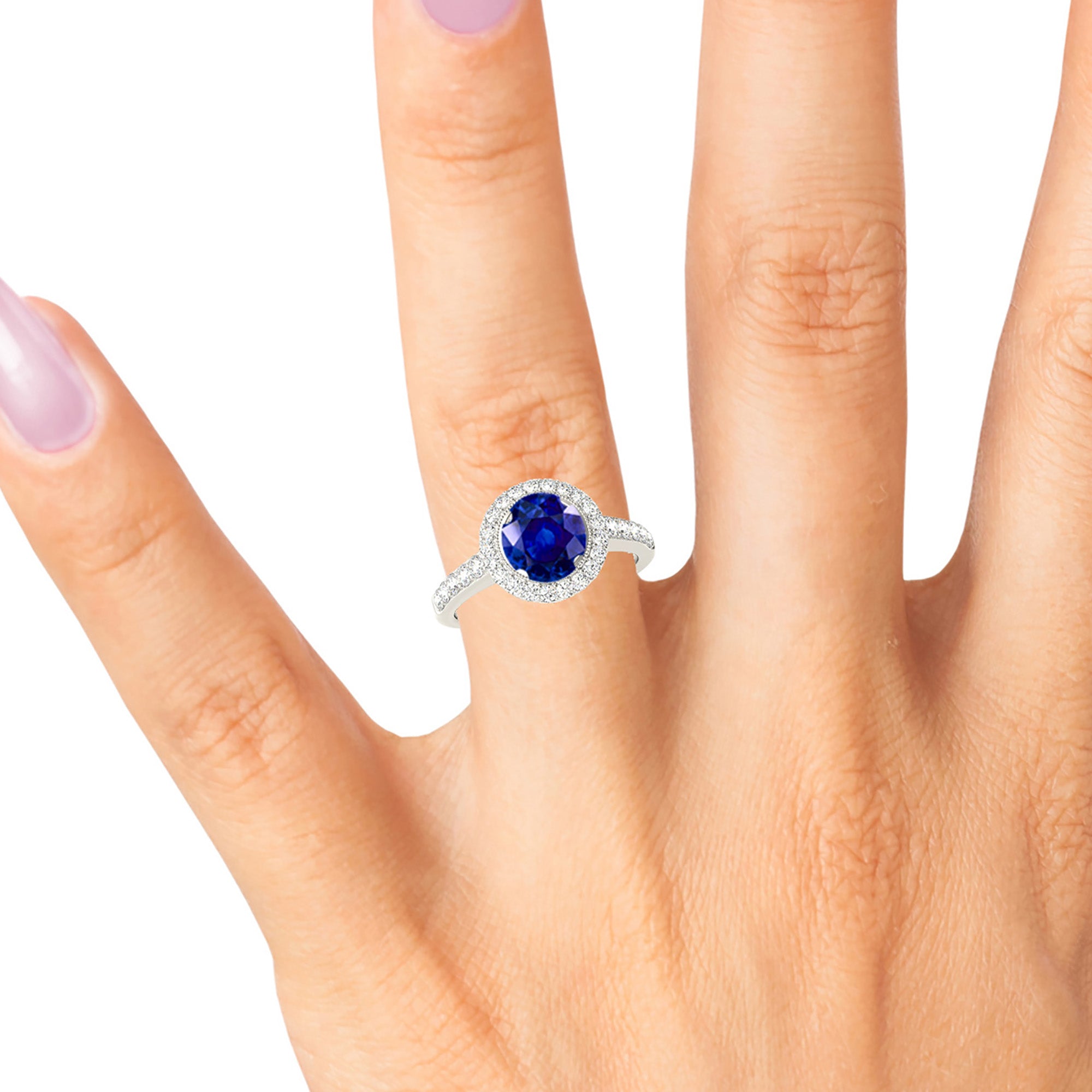 1.35 ct. Genuine Blue Sapphire Bezel Set Milgrain Halo Ring With 0.40 ctw. Side Diamonds-VIRABYANI