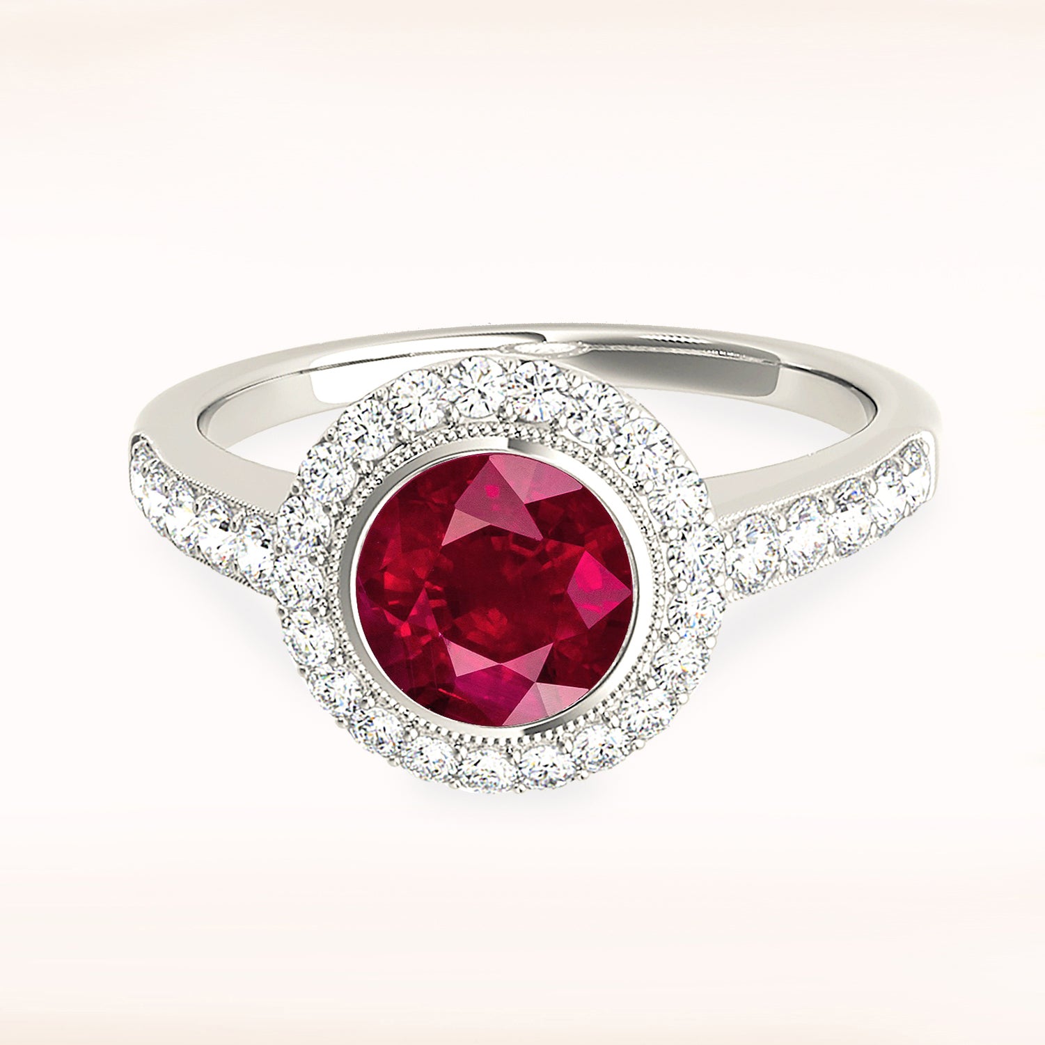 1.35 ct. Genuine Ruby Ring With 0.40 ctw. Diamond Milgrain Halo And Delicate Diamond Band-VIRABYANI