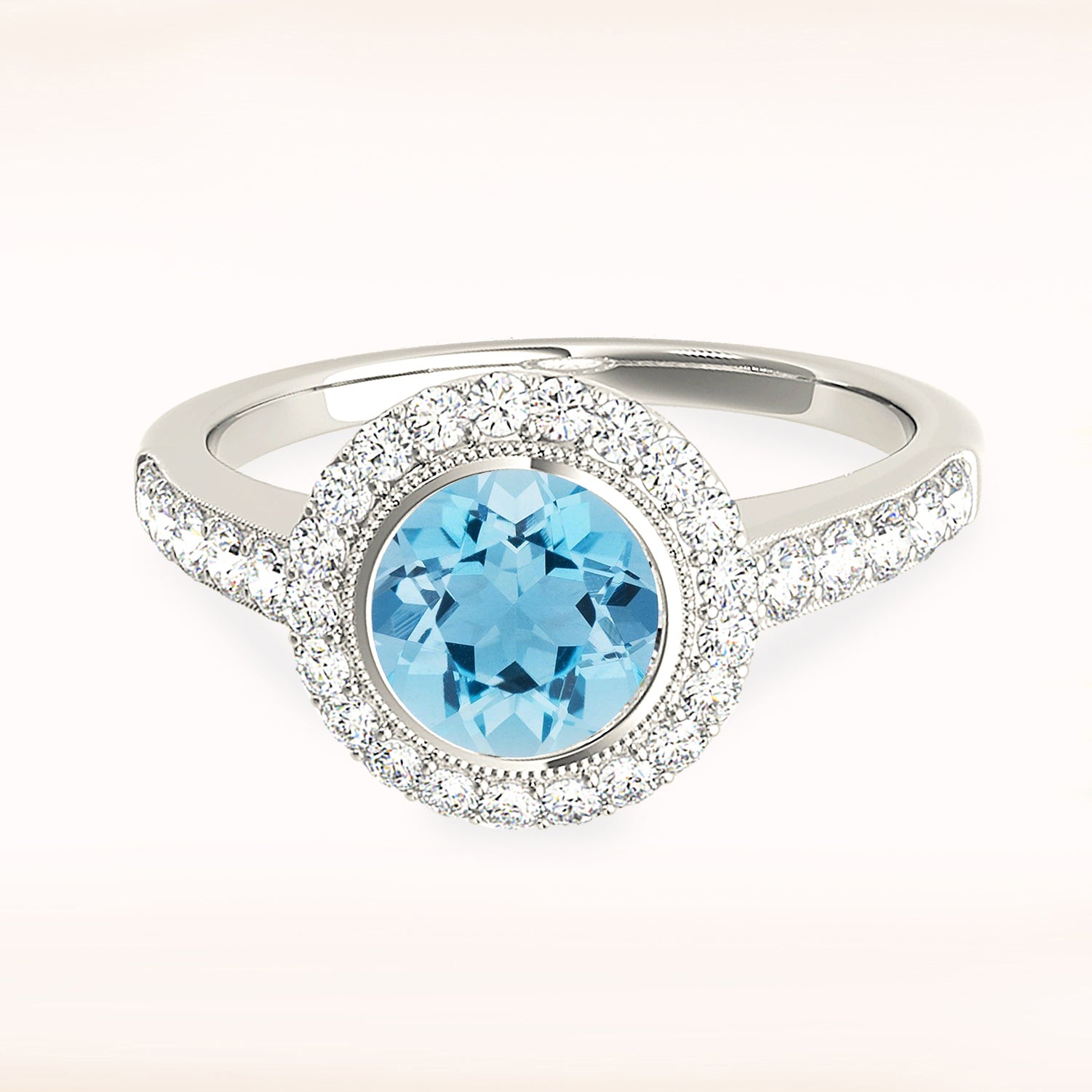 1.10 ct. Genuine Aquamarine Ring With 0.40 ctw. Diamond Halo And Delicate Thin Diamond Band| Round Blue Aquamarine Halo Ring-VIRABYANI