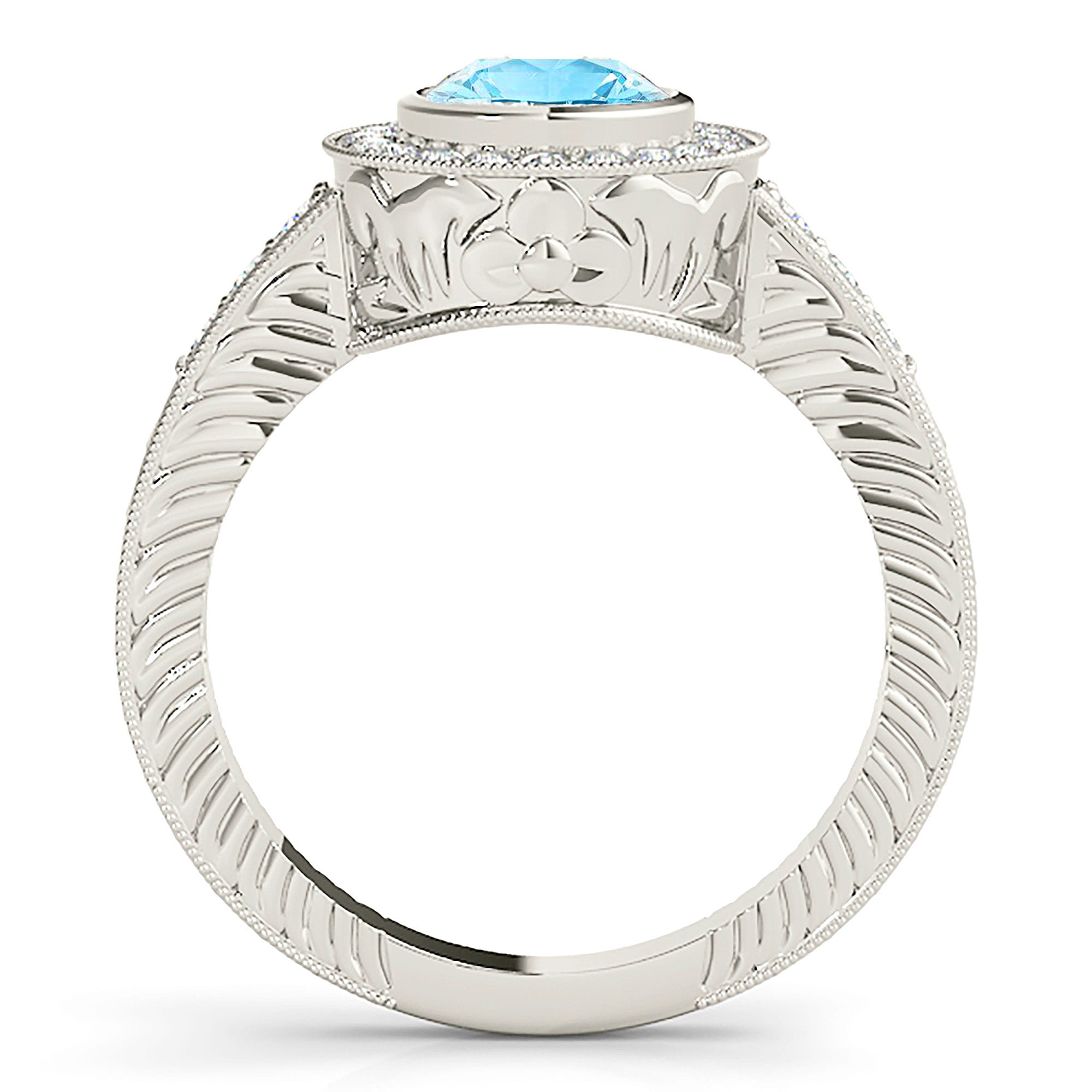 1.10 ct. Genuine Aquamarine Ring With 0.34 ctw. Diamond Milgrain Halo And Filigree Design Diamond band | Round Blue Aquamarine Halo Ring-VIRABYANI