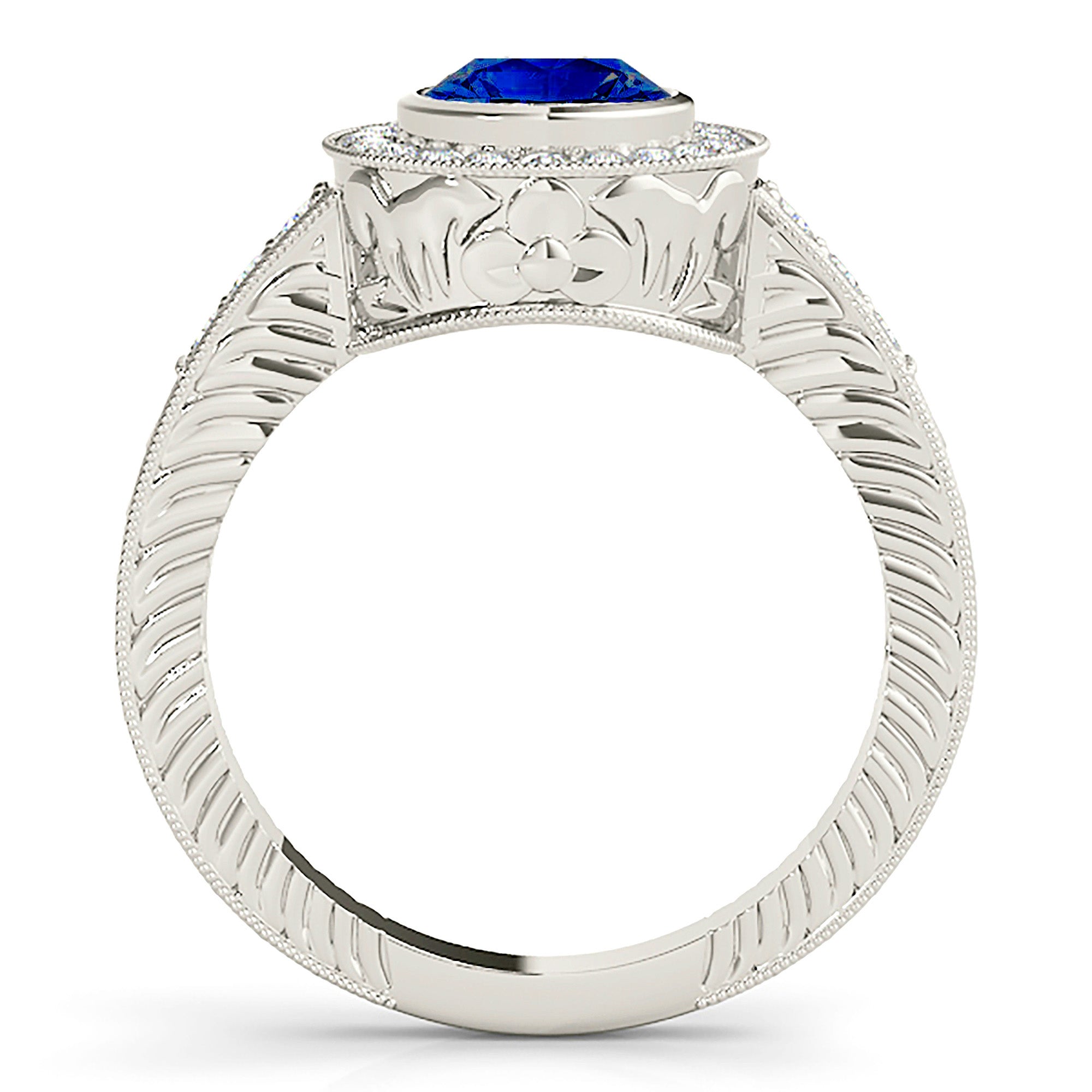 1.35 ct. Genuine Blue Sapphire Bezel Set Vintage Halo Ring with 0.34 ctw. Side Diamonds-VIRABYANI