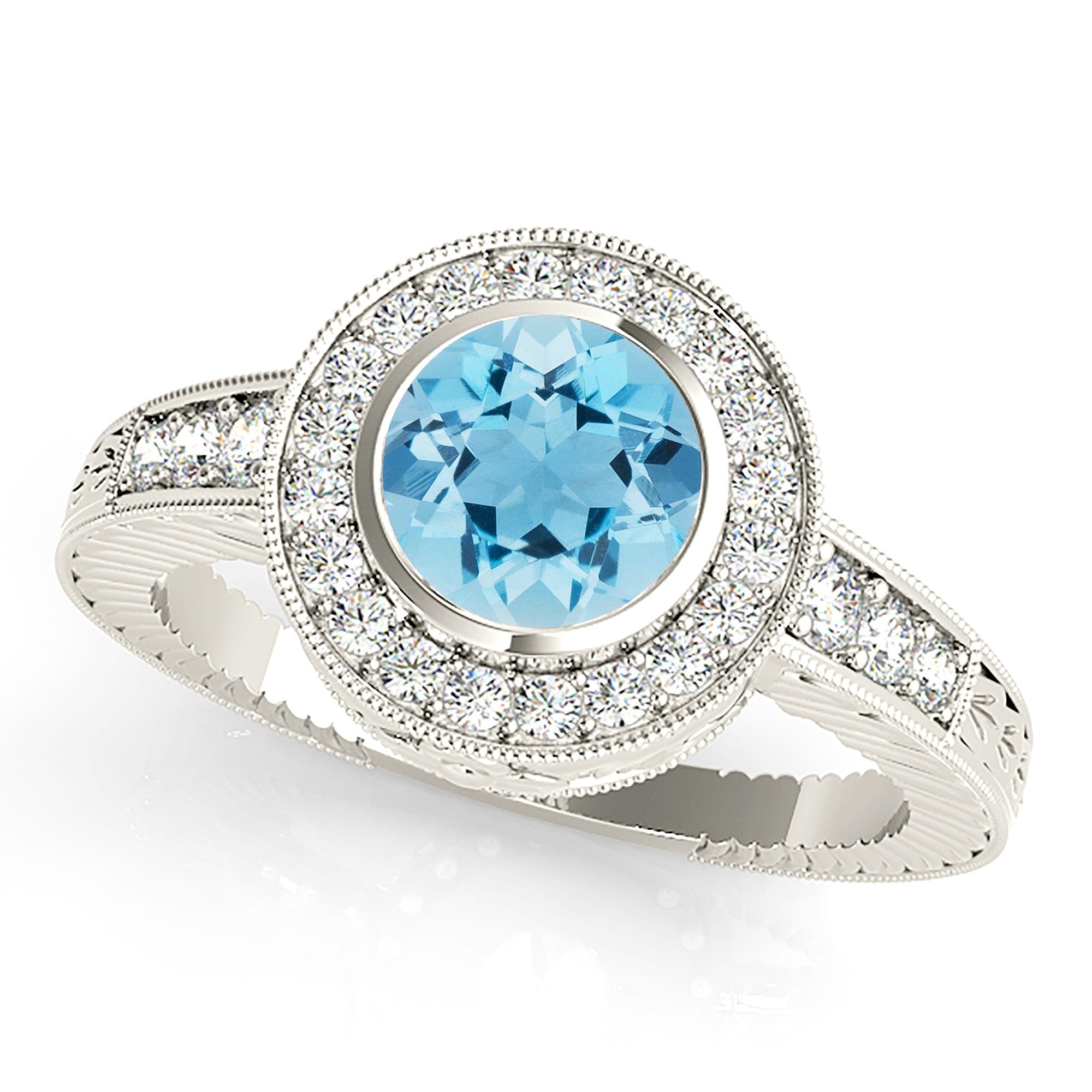 1.10 ct. Genuine Aquamarine Ring With 0.34 ctw. Diamond Milgrain Halo And Filigree Design Diamond band | Round Blue Aquamarine Halo Ring-VIRABYANI