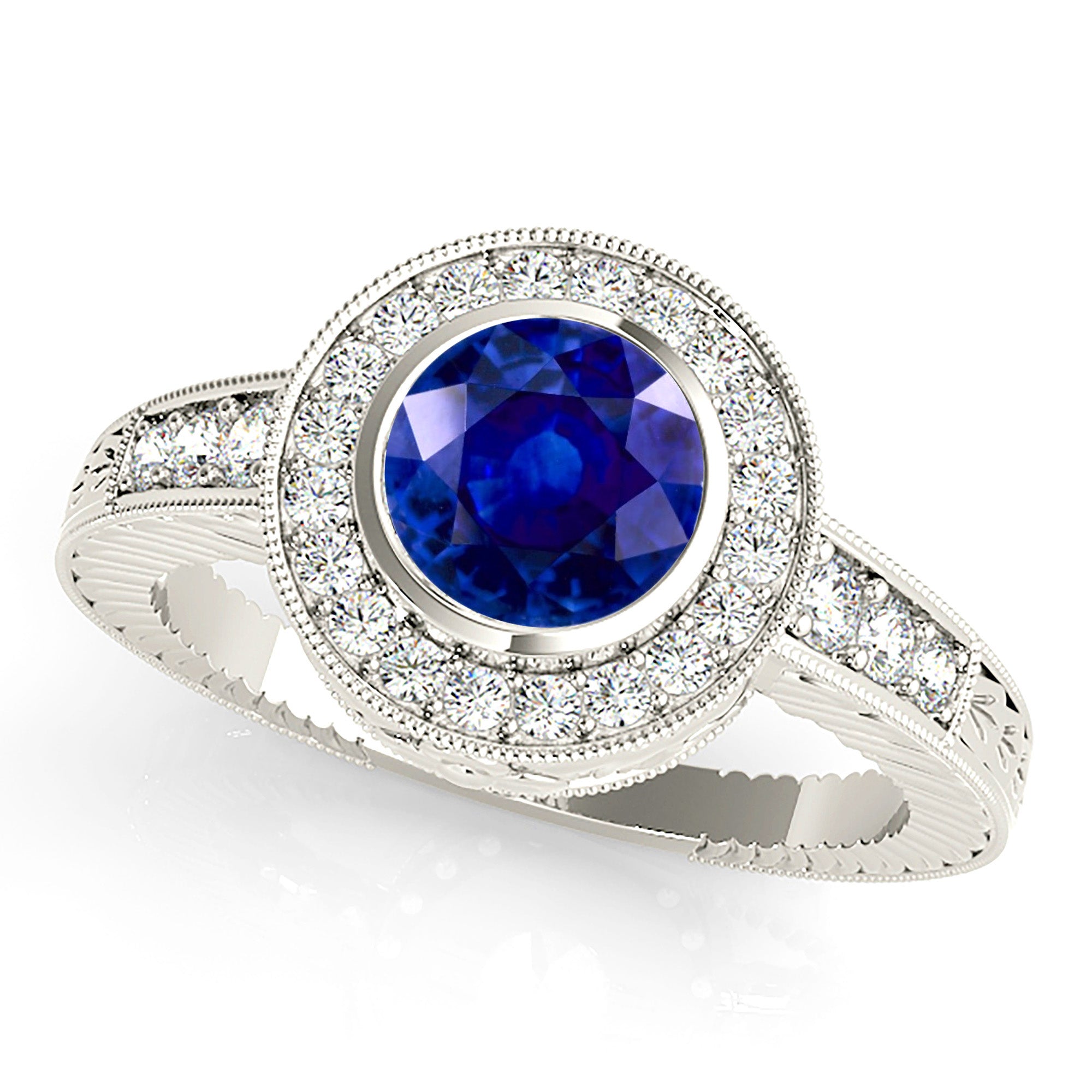 1.35 ct. Genuine Blue Sapphire Bezel Set Vintage Halo Ring with 0.34 ctw. Side Diamonds-VIRABYANI