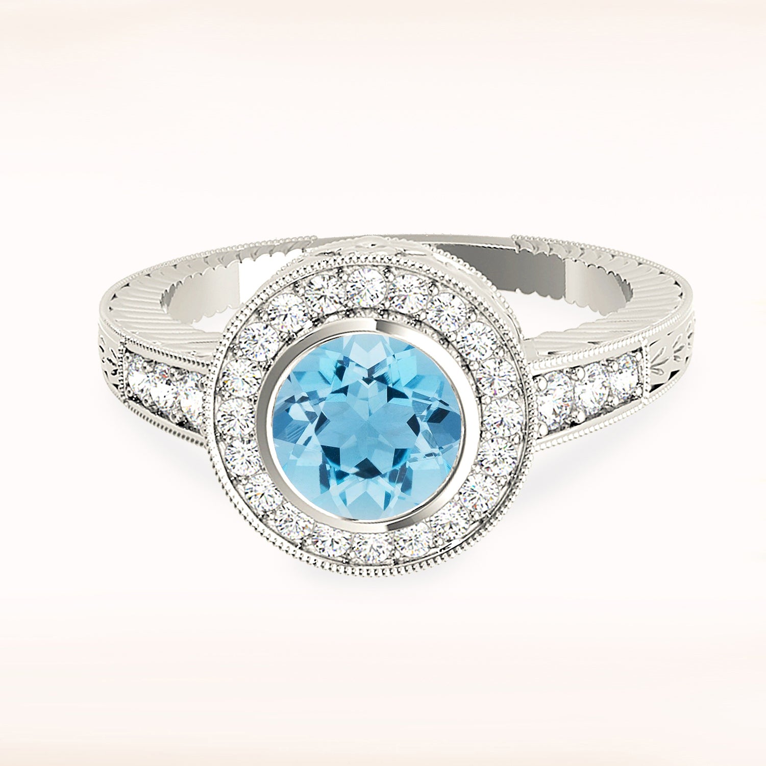 1.10 ct. Genuine Aquamarine Ring With 0.34 ctw. Diamond Milgrain Halo And Filigree Design Diamond band | Round Blue Aquamarine Halo Ring-VIRABYANI
