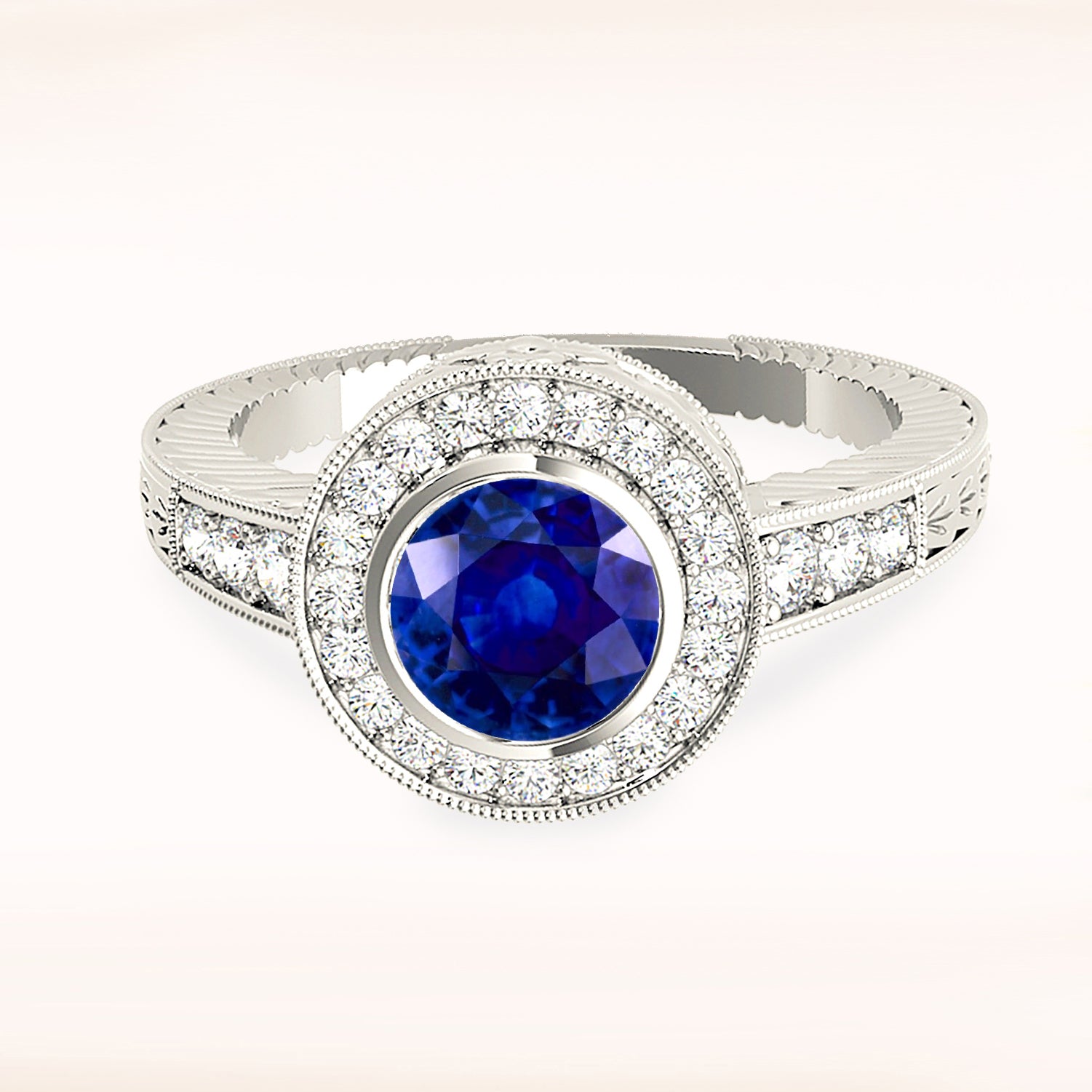1.35 ct. Genuine Blue Sapphire Bezel Set Vintage Halo Ring with 0.34 ctw. Side Diamonds-in 14K/18K White, Yellow, Rose Gold and Platinum - Christmas Jewelry Gift -VIRABYANI