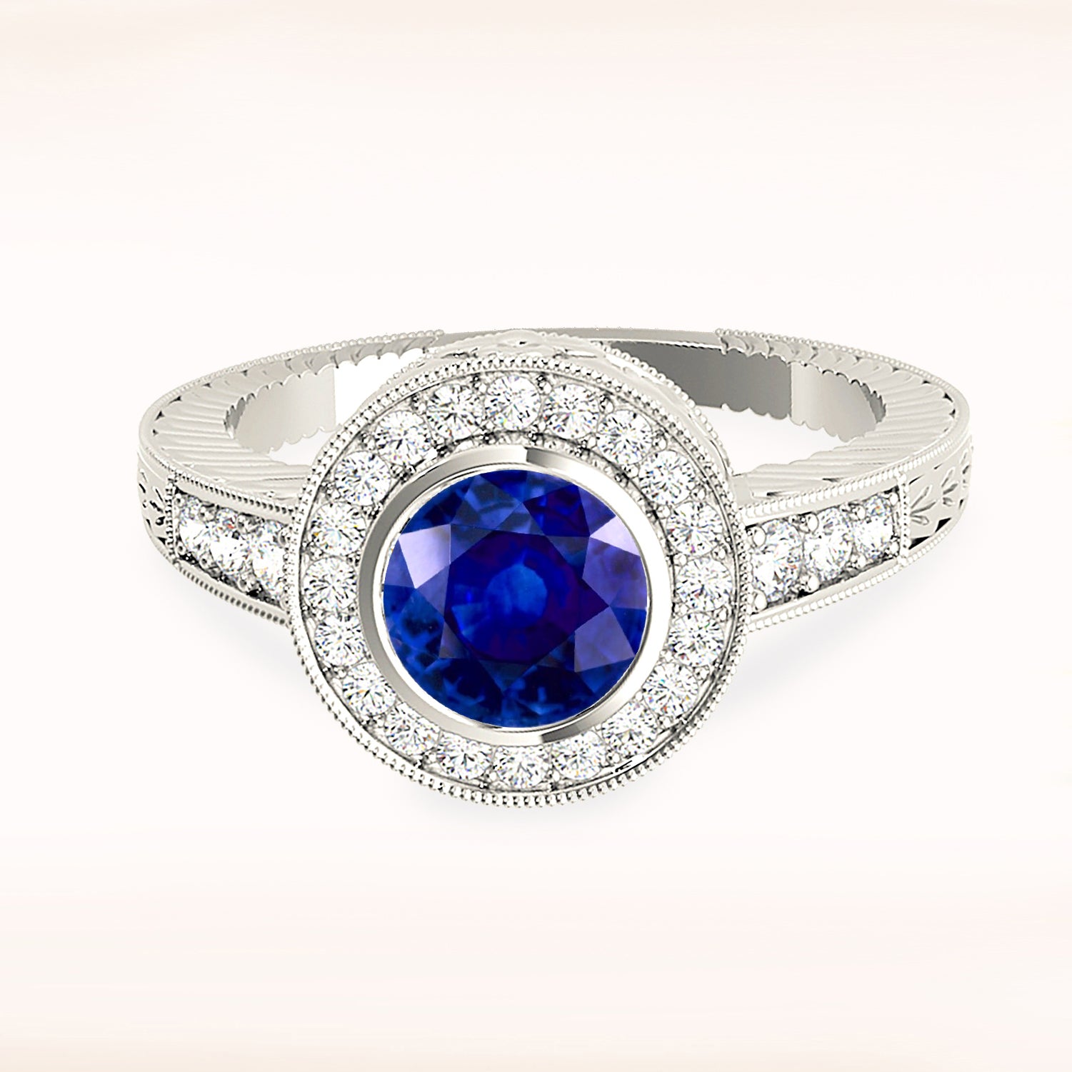 1.35 ct. Genuine Blue Sapphire Bezel Set Vintage Halo Ring with 0.34 ctw. Side Diamonds-VIRABYANI
