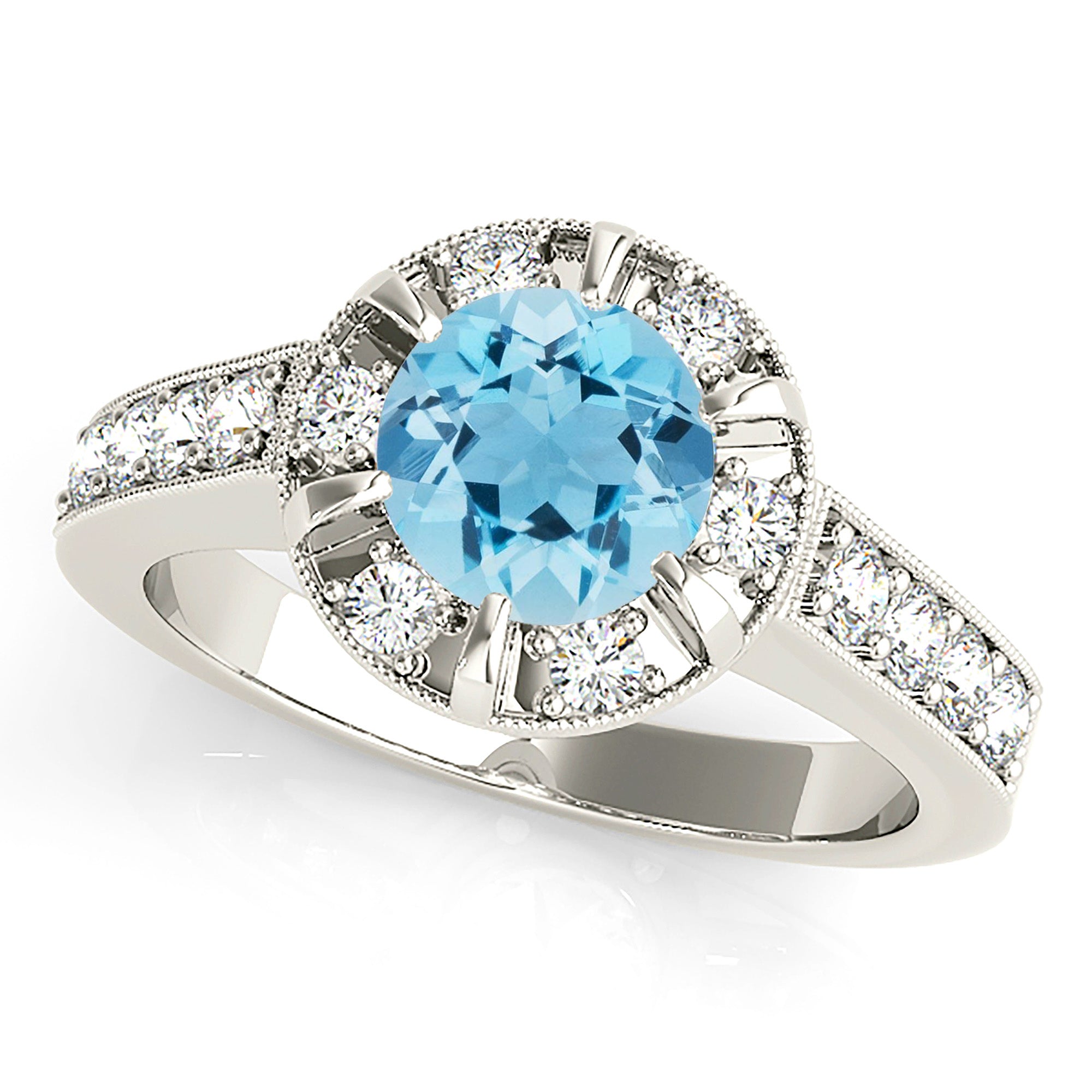 1.63 ct. Genuine Aquamarine Ring With 0.75 ctw. Diamond Bar And Prong Set Halo, Milgrain Design Diamond Band | Round Blue Aquamarine Halo Ring-VIRABYANI