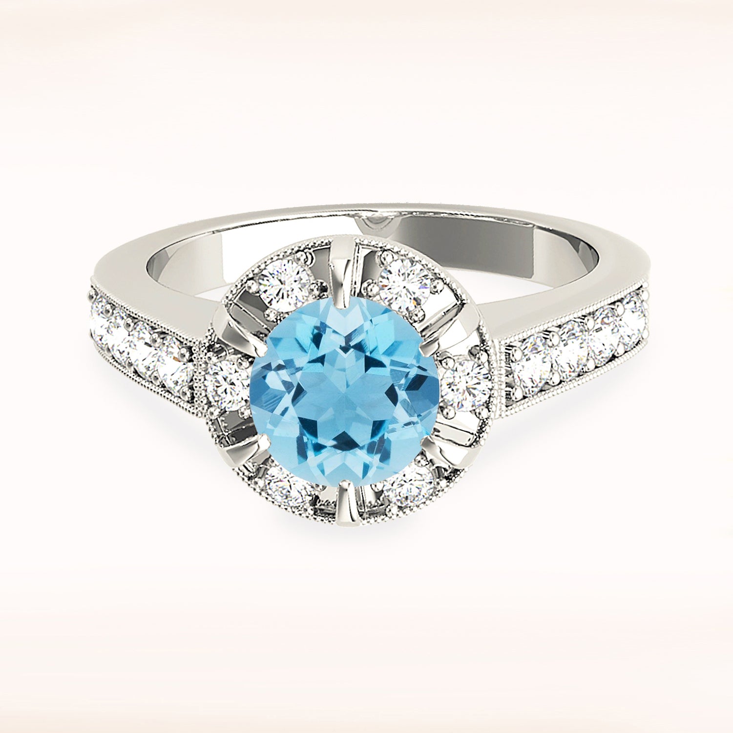 1.63 ct. Genuine Aquamarine Ring With 0.75 ctw. Diamond Bar And Prong Set Halo, Milgrain Design Diamond Band | Round Blue Aquamarine Halo Ring-VIRABYANI