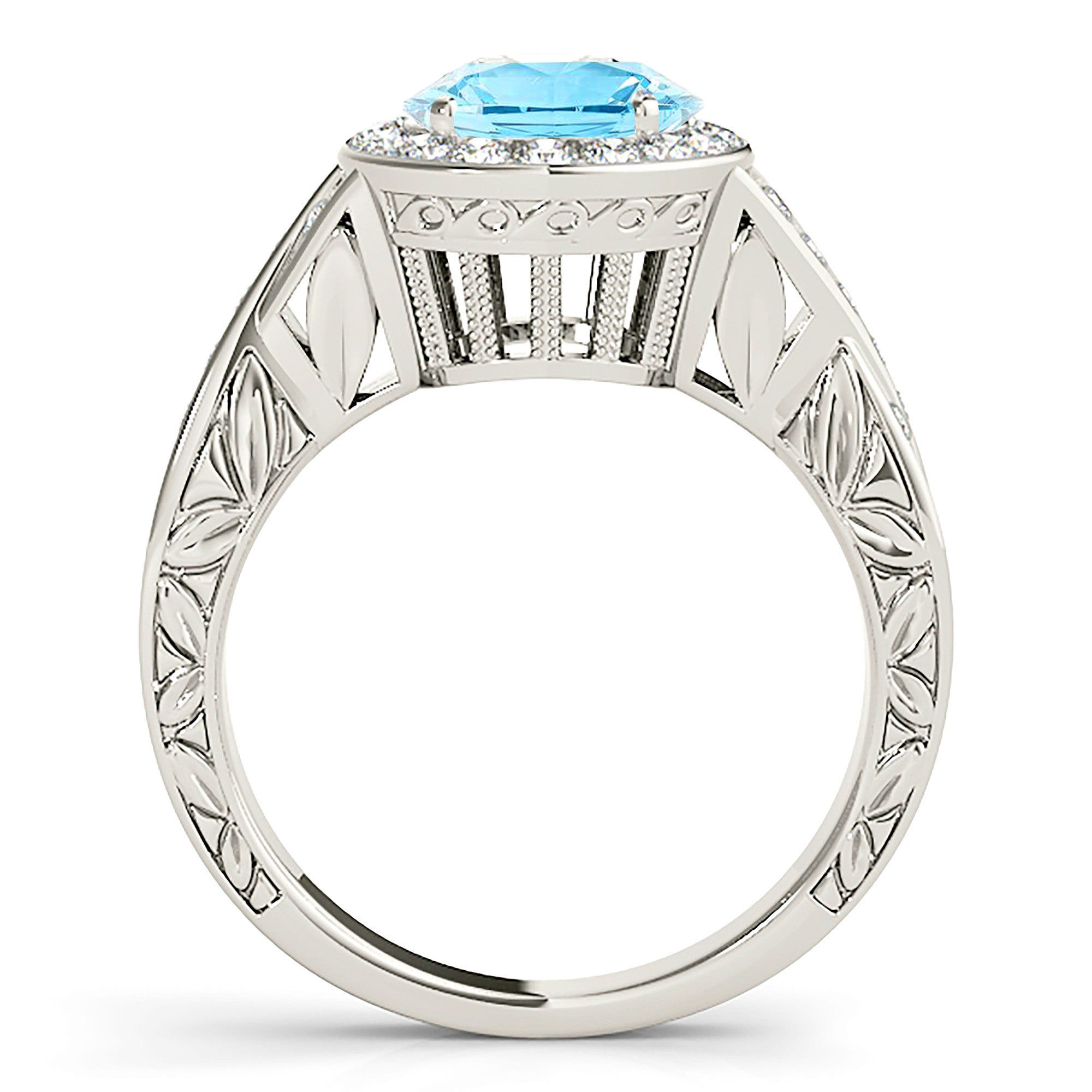 1.75 ct. Genuine Aquamarine Ring With 0.25 ctw. Diamond Halo, Twist Diamond Band, Filigree Accent Sides| Round Blue Aquamarine Halo Ring-VIRABYANI