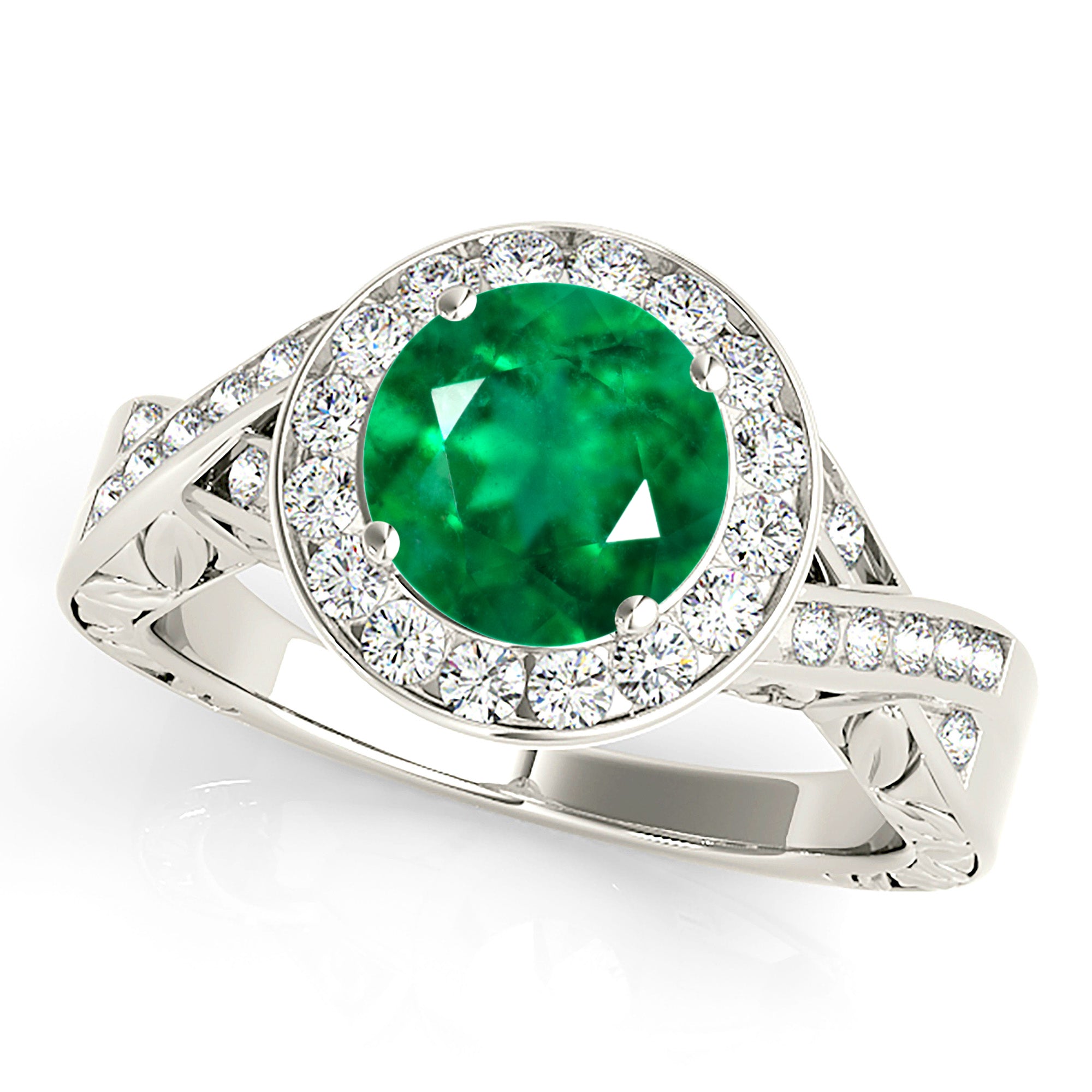 1.75 ct. Genuine Emerald Ring With 0.25 ctw. Channel Set Diamond Halo,Twist Band,Filigree Accent-VIRABYANI