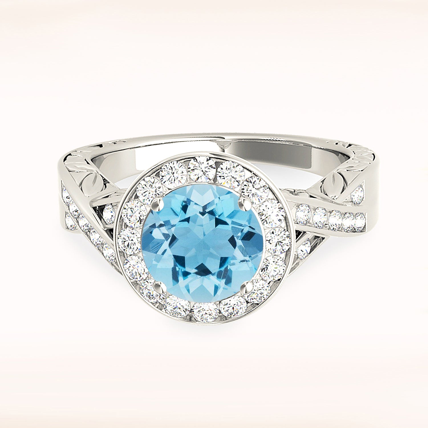 1.75 ct. Genuine Aquamarine Ring With 0.25 ctw. Diamond Halo, Twist Diamond Band, Filigree Accent Sides| Round Blue Aquamarine Halo Ring-VIRABYANI