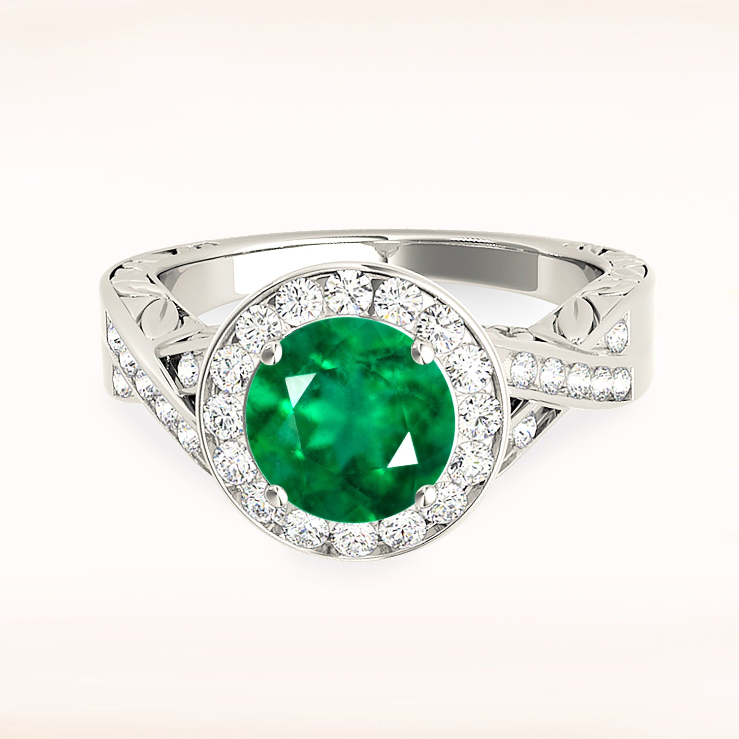 1.75 ct. Genuine Emerald Ring With 0.25 ctw. Channel Set Diamond Halo,Twist Band,Filigree Accent-VIRABYANI
