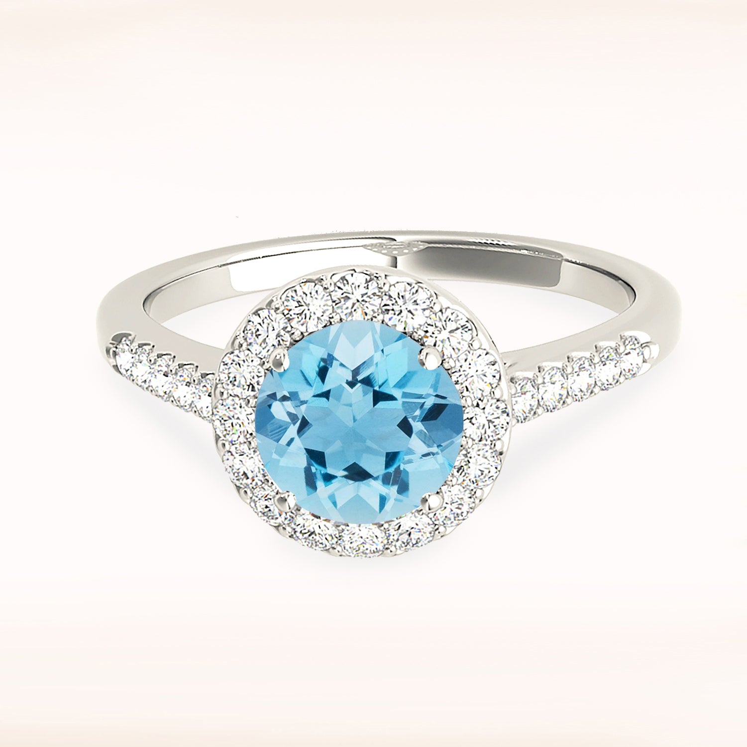 1.10 ct. Genuine Aquamarine Ring With 0.40 ctw. Diamond Halo And Delicate Diamond Band, Invisible Gallery | Round Blue Aquamarine Halo Ring-VIRABYANI