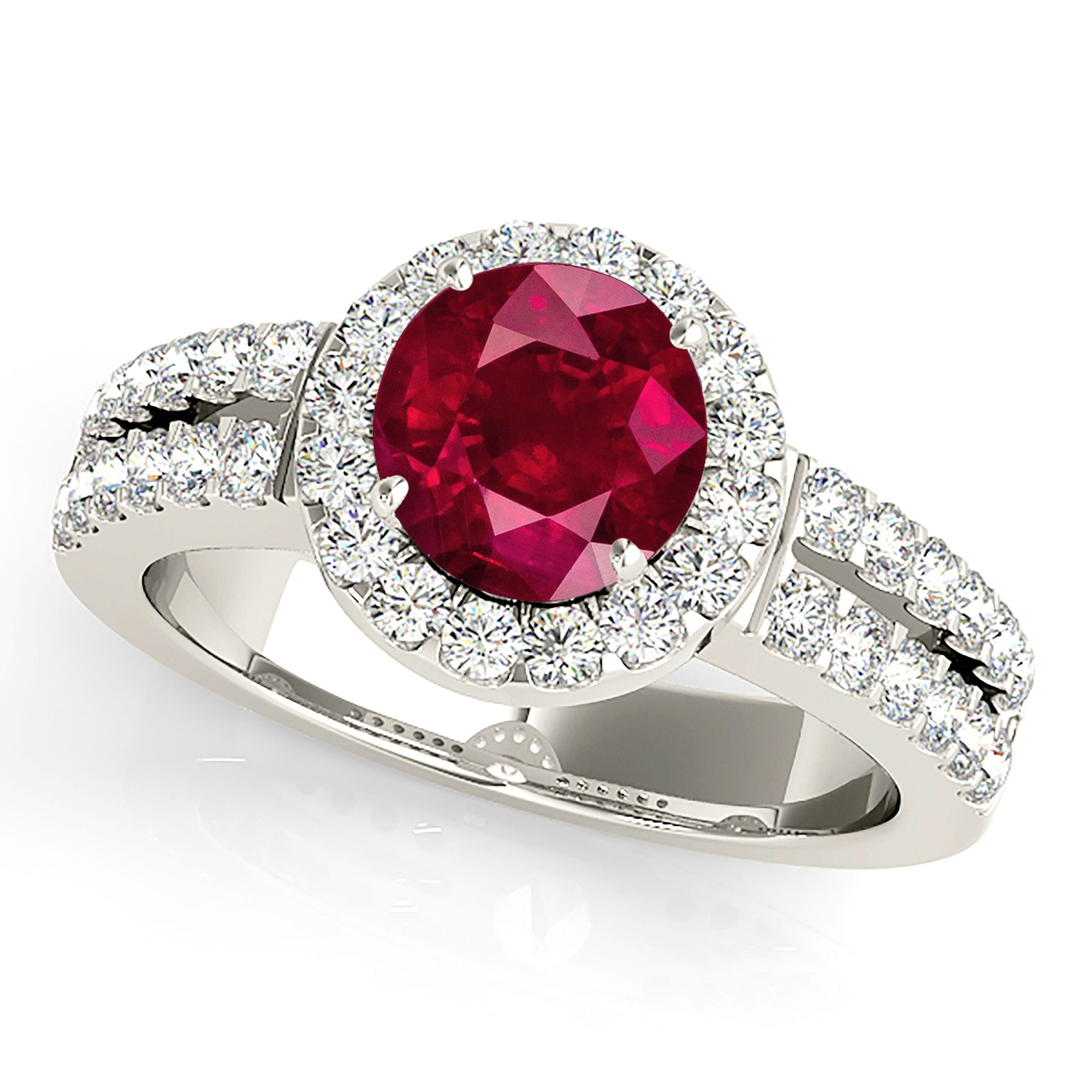 1.35 ct. Genuine Ruby Ring With 0.40 ctw. Diamond Halo And Double row Diamond Band | Round Ruby Halo Ring-VIRABYANI