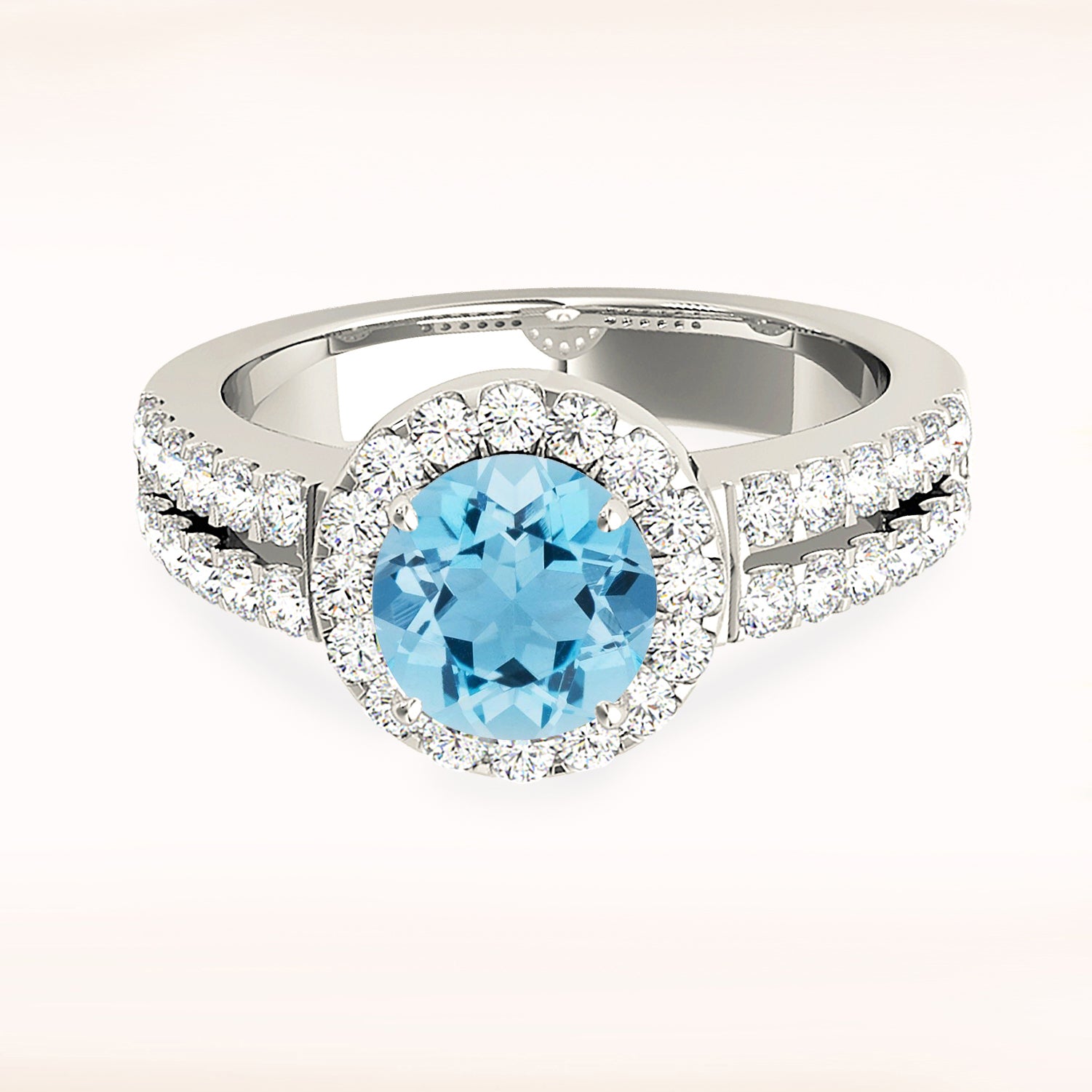 1.10 ct. Genuine Aquamarine Ring With 0.40 ctw. Diamond Halo And Split Diamond Shank | Round Blue Aquamarine Halo Ring-in 14K/18K White, Yellow, Rose Gold and Platinum - Christmas Jewelry Gift -VIRABYANI
