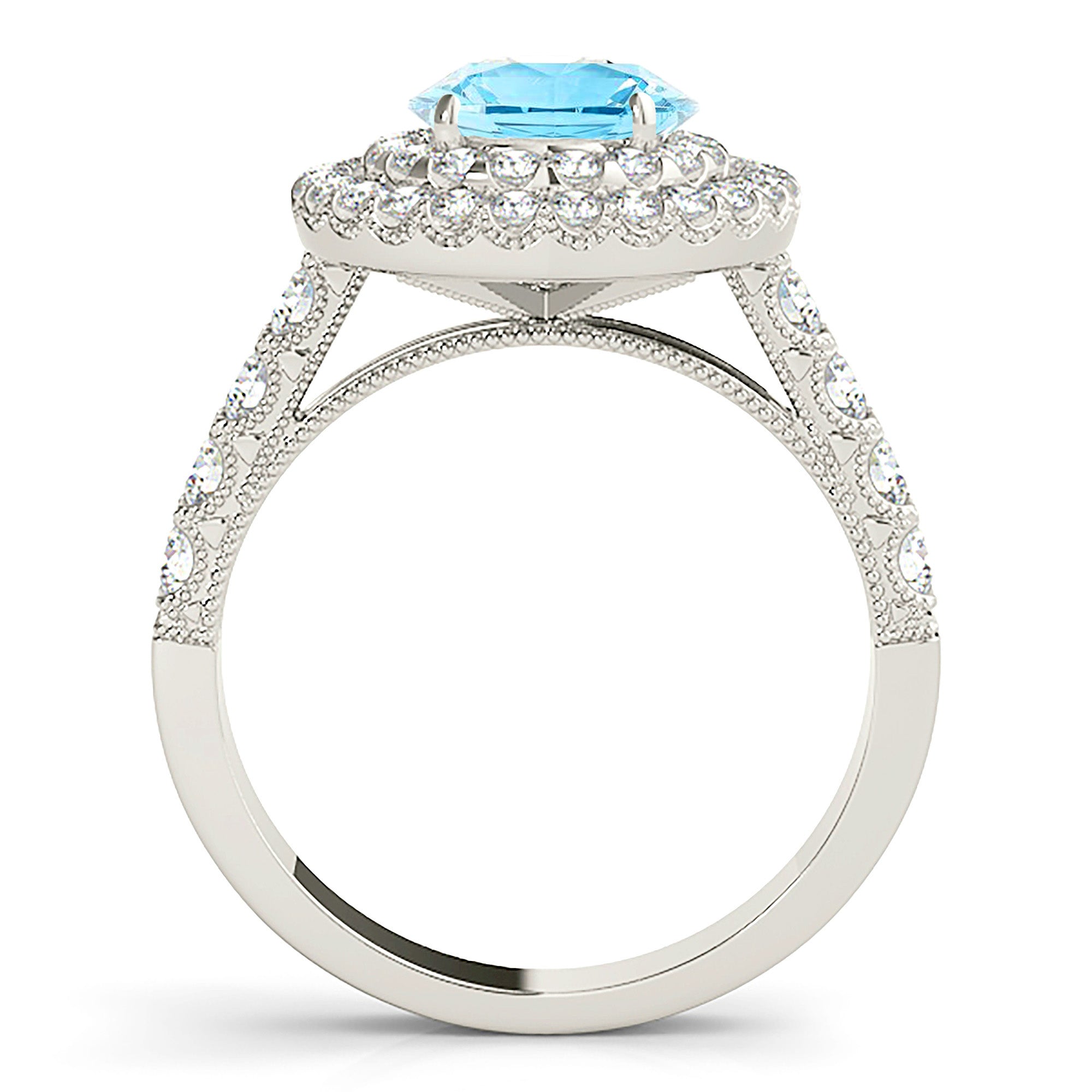 1.10 ct. Genuine Aquamarine Ring with 1.00 ctw. Diamond Double Row Halo And Diamond Band, Milgrain Design | Round Blue Aquamarine Halo Ring-VIRABYANI