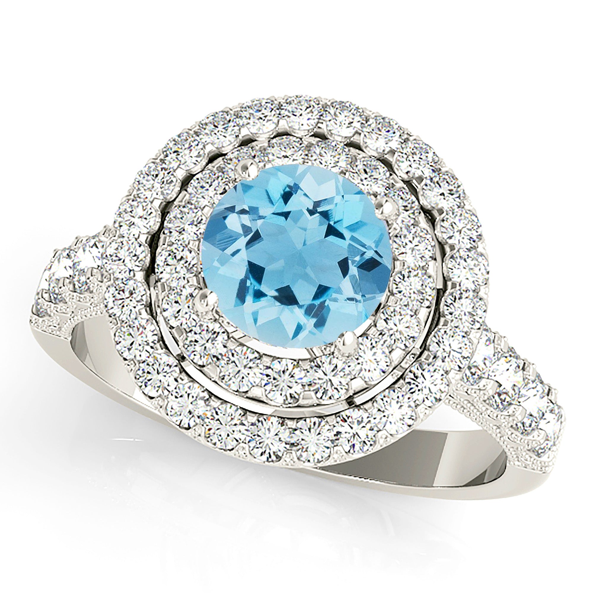 1.10 ct. Genuine Aquamarine Ring with 1.00 ctw. Diamond Double Row Halo And Diamond Band, Milgrain Design | Round Blue Aquamarine Halo Ring-VIRABYANI