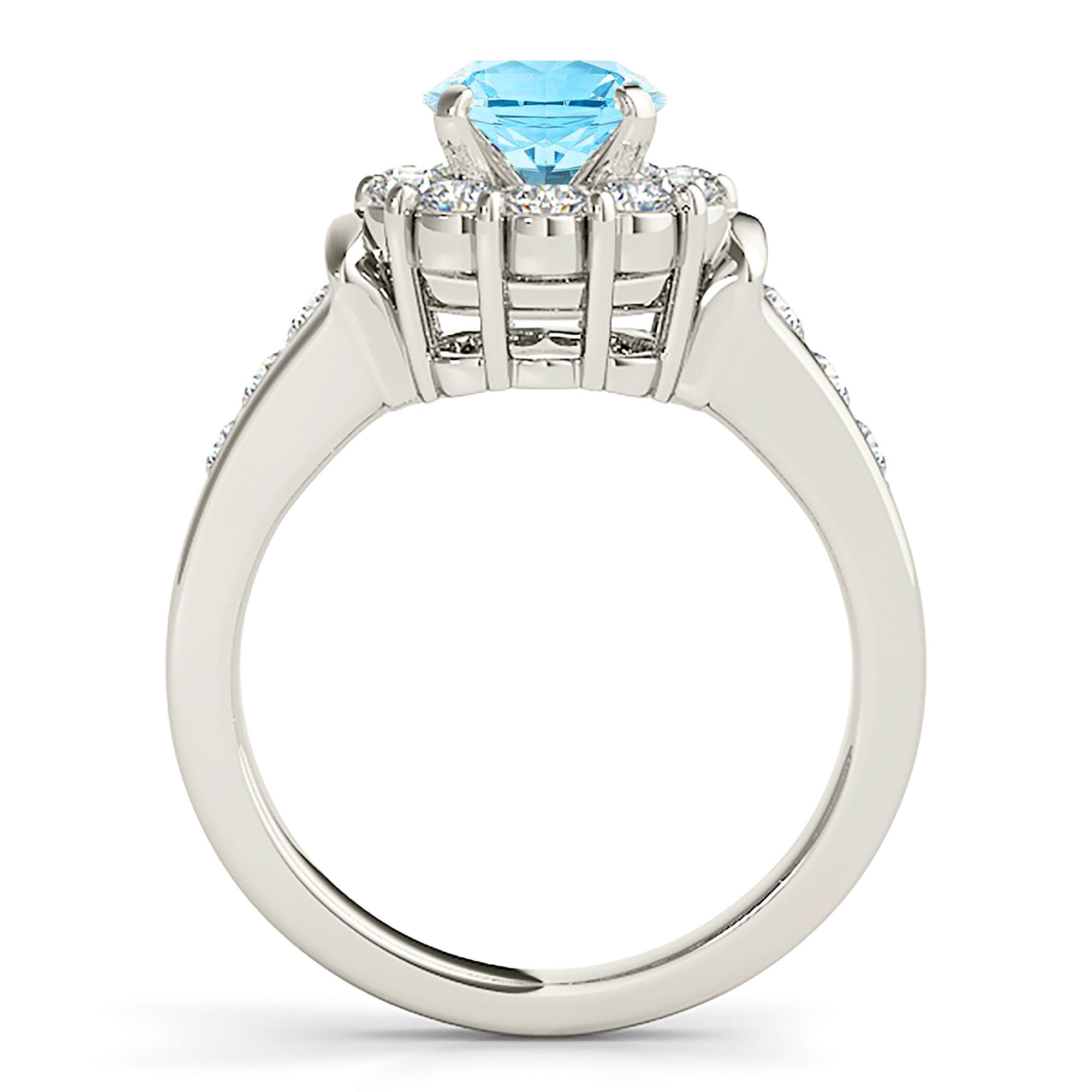 1.10 ct. Genuine Aquamarine Ring With 0.75 ctw. Diamond Floral Halo , Wide Solid Gold and Diamond Band | Round Blue Aquamarine Halo Ring-VIRABYANI