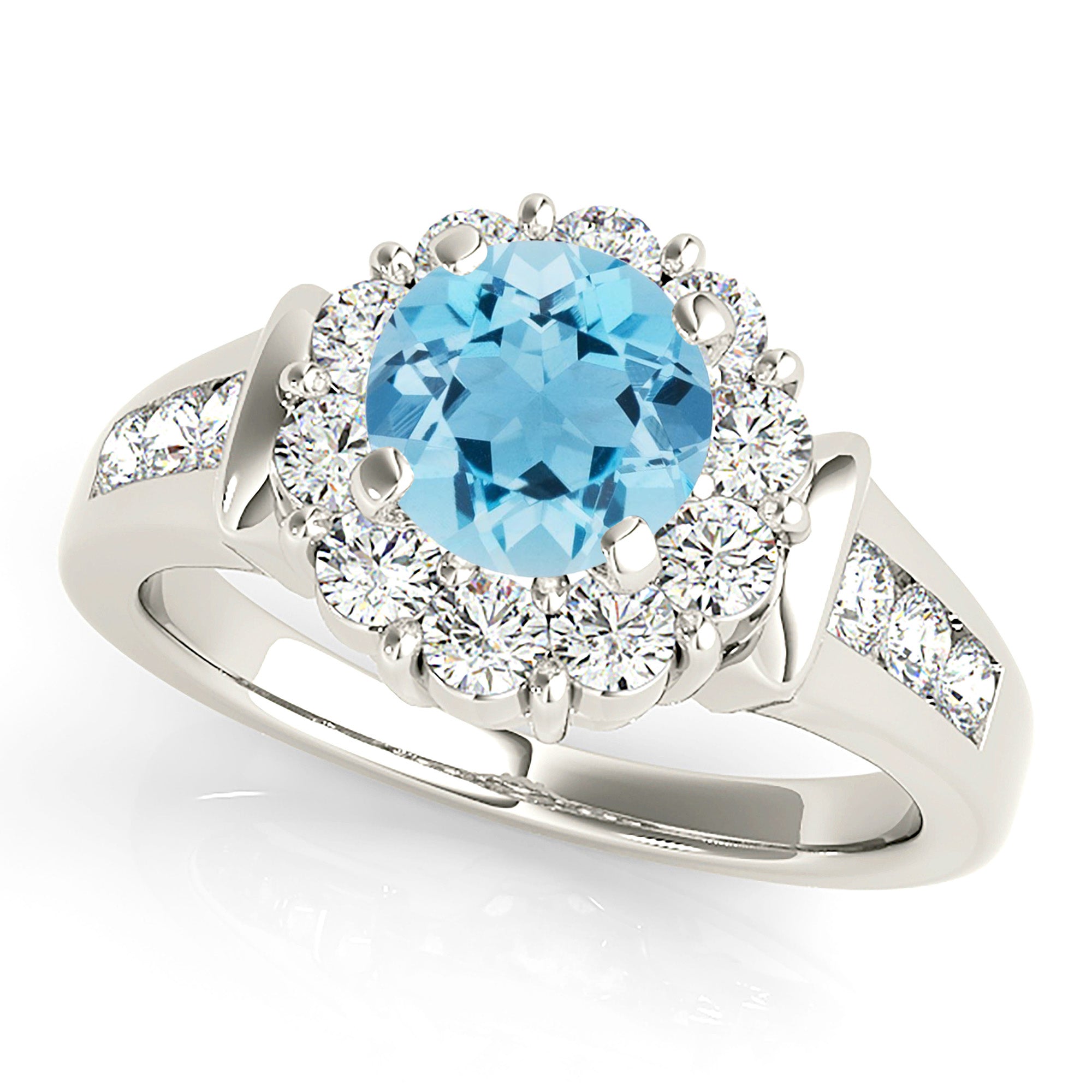 1.10 ct. Genuine Aquamarine Ring With 0.75 ctw. Diamond Floral Halo , Wide Solid Gold and Diamond Band | Round Blue Aquamarine Halo Ring-VIRABYANI