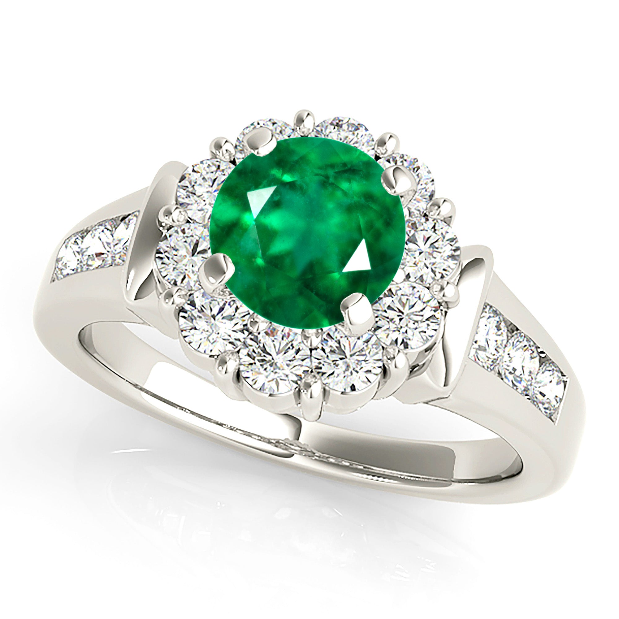 1.14 ct. Genuine Emerald Ring With 0.75 ctw. Diamond Floral Halo, Solid Diamond Band-VIRABYANI