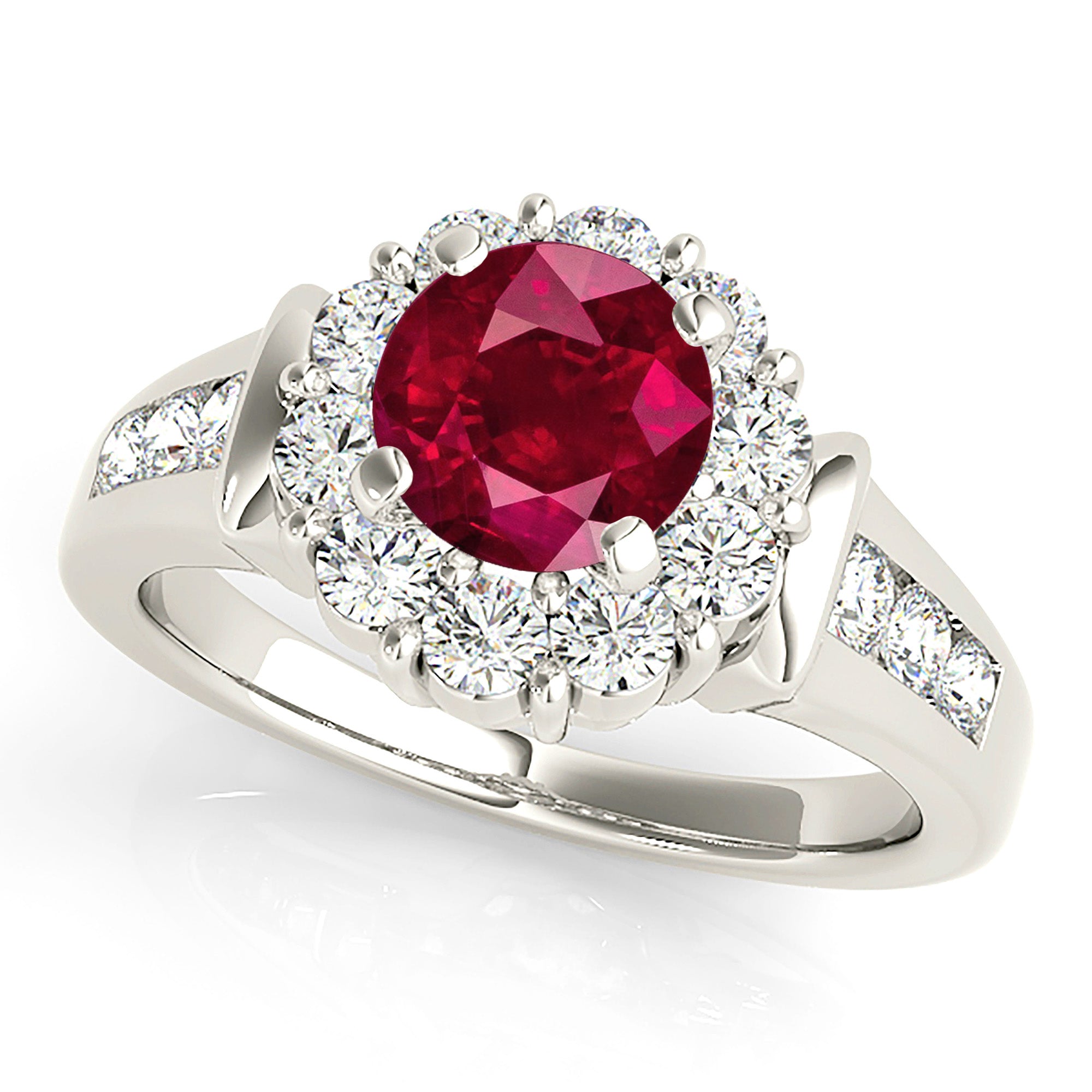 1.35 ct. Genuine Ruby Ring With 0.75 ctw. Diamond Halo And Diamond Band-VIRABYANI