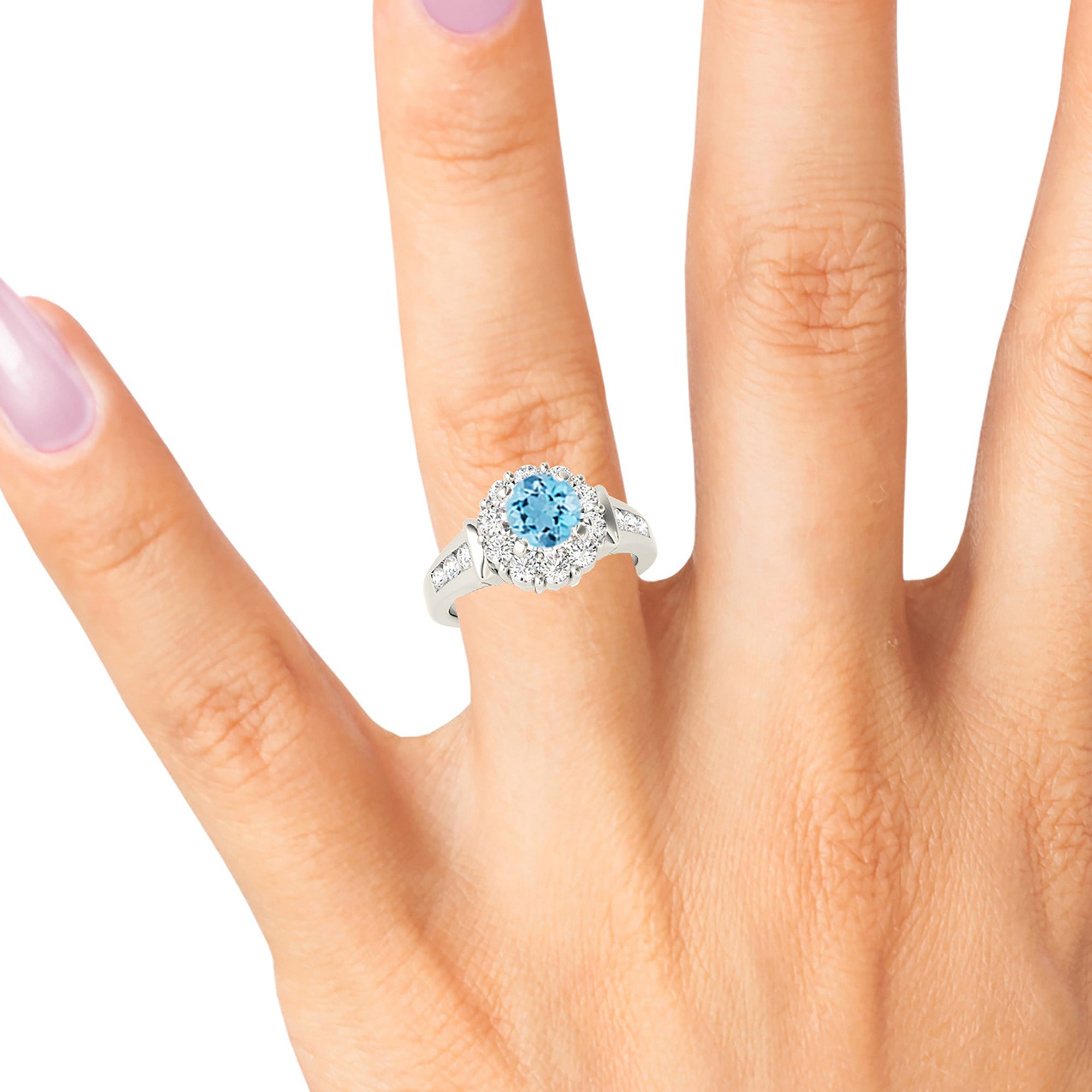 1.10 ct. Genuine Aquamarine Ring With 0.75 ctw. Diamond Floral Halo , Wide Solid Gold and Diamond Band | Round Blue Aquamarine Halo Ring-VIRABYANI