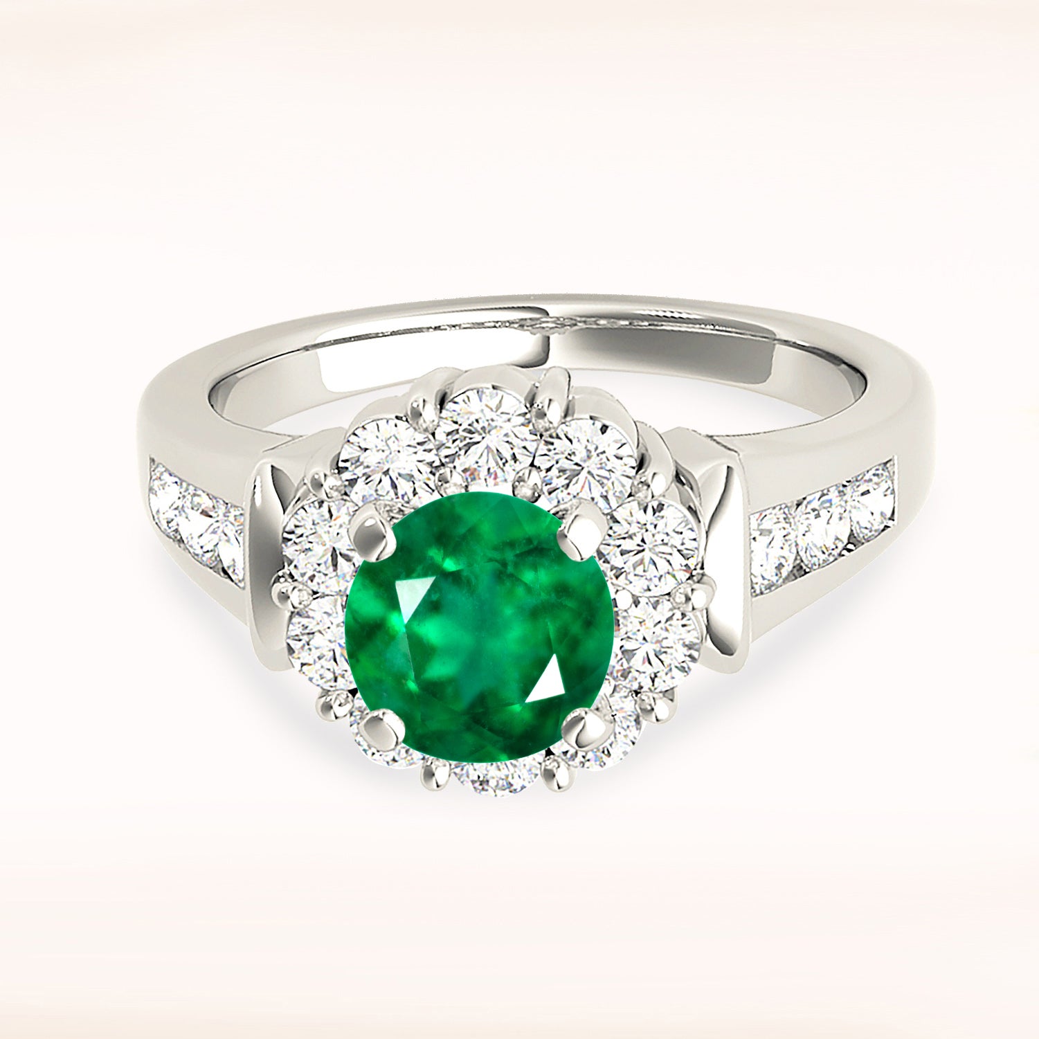 1.14 ct. Genuine Emerald Ring With 0.75 ctw. Diamond Floral Halo, Solid Diamond Band-VIRABYANI