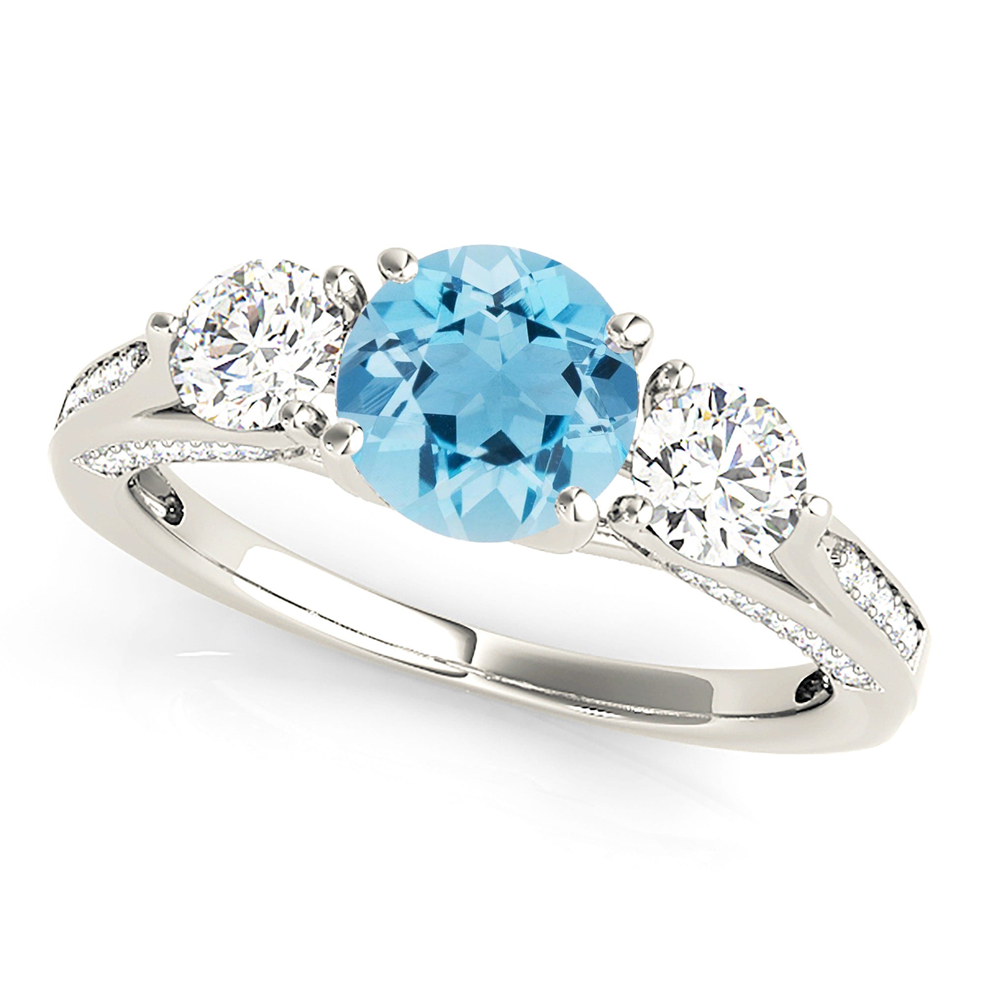 1.10 ct. Genuine Aquamarine Three Stone Ring With 0.75 ctw. Side and Accent Diamonds-in 14K/18K White, Yellow, Rose Gold and Platinum - Christmas Jewelry Gift -VIRABYANI