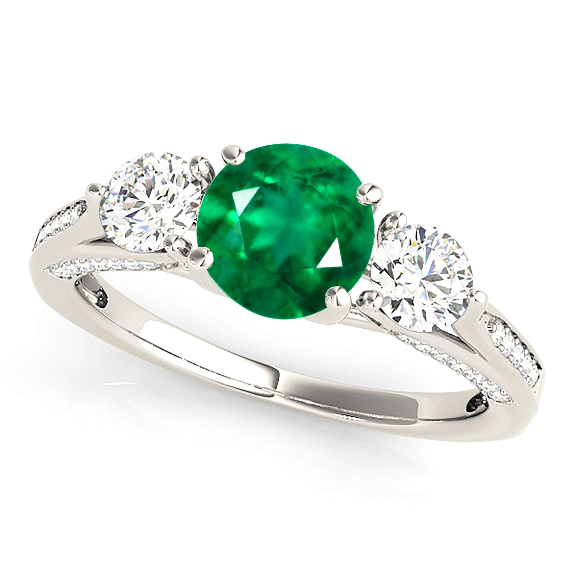 1.14 ct. Genuine Emerald Three Stone Ring With 0.75 ctw. Side and Accent Diamonds-VIRABYANI