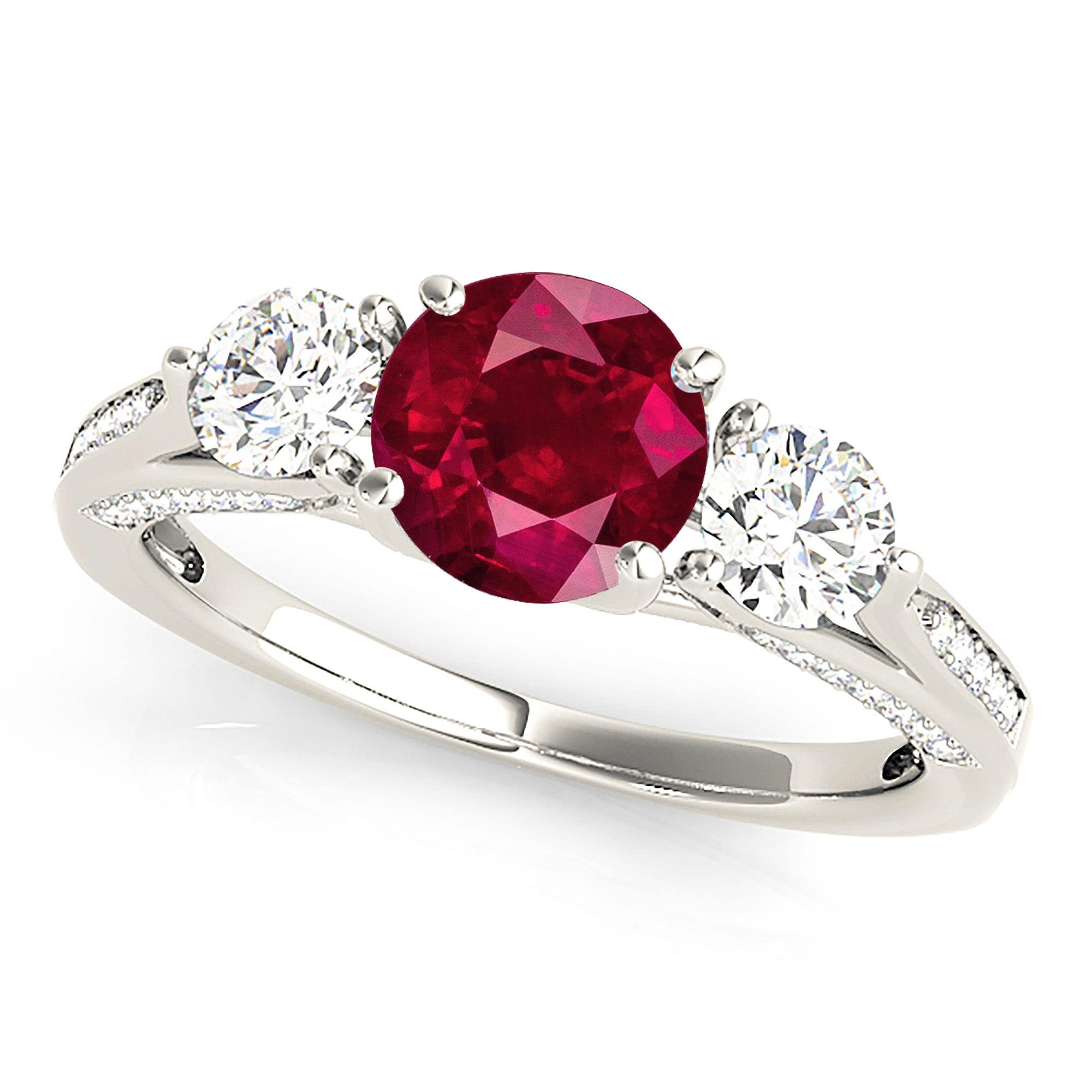 1.35 ct. Genuine Ruby ring With 0.75 ctw. Two Round Side Diamonds, 3 Stone Engagement Ring-VIRABYANI