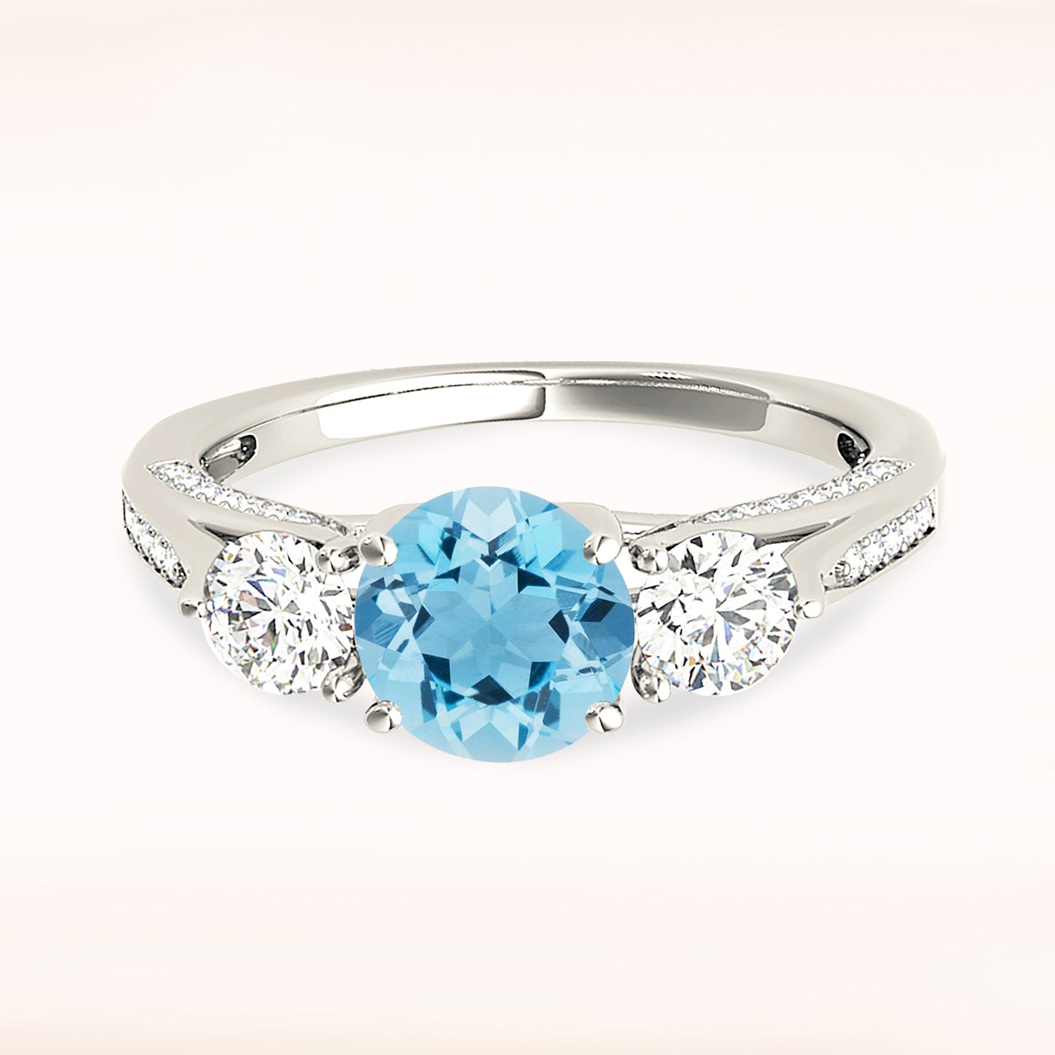 1.10 ct. Genuine Aquamarine Three Stone Ring With 0.75 ctw. Side and Accent Diamonds-in 14K/18K White, Yellow, Rose Gold and Platinum - Christmas Jewelry Gift -VIRABYANI
