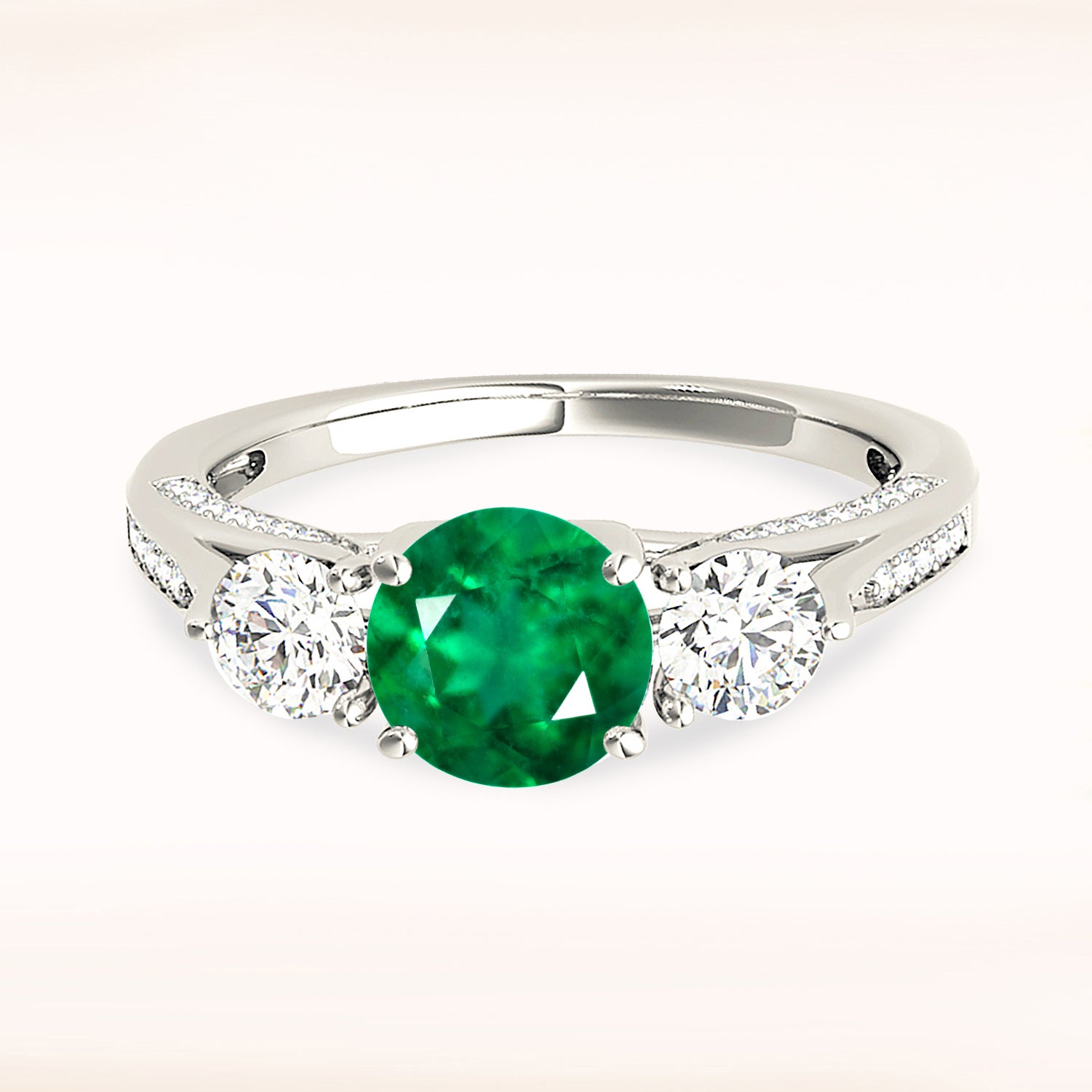 1.14 ct. Genuine Emerald Three Stone Ring With 0.75 ctw. Side and Accent Diamonds-in 14K/18K White, Yellow, Rose Gold and Platinum - Christmas Jewelry Gift -VIRABYANI