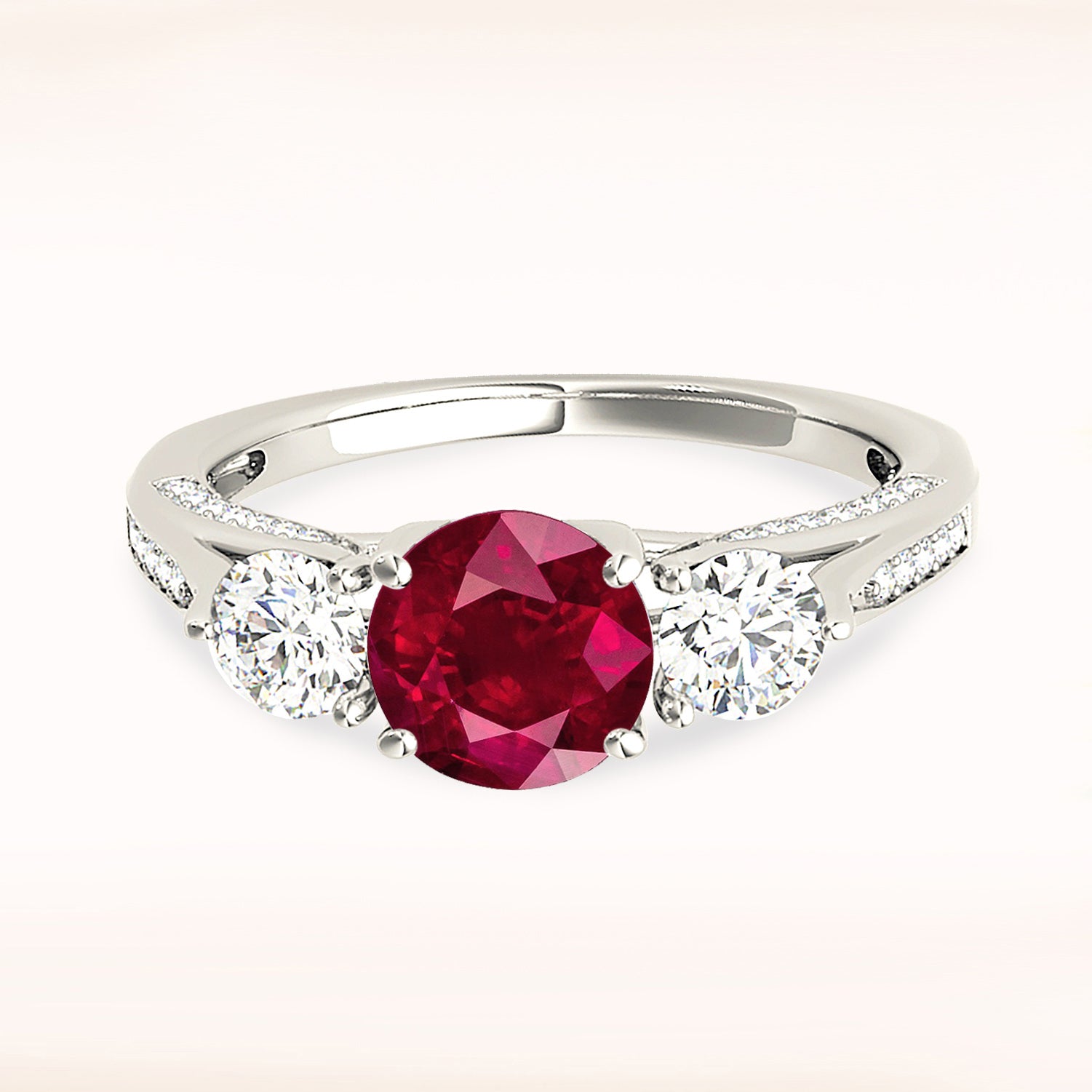 1.35 ct. Genuine Ruby ring With 0.75 ctw. Two Round Side Diamonds, 3 Stone Engagement Ring-VIRABYANI