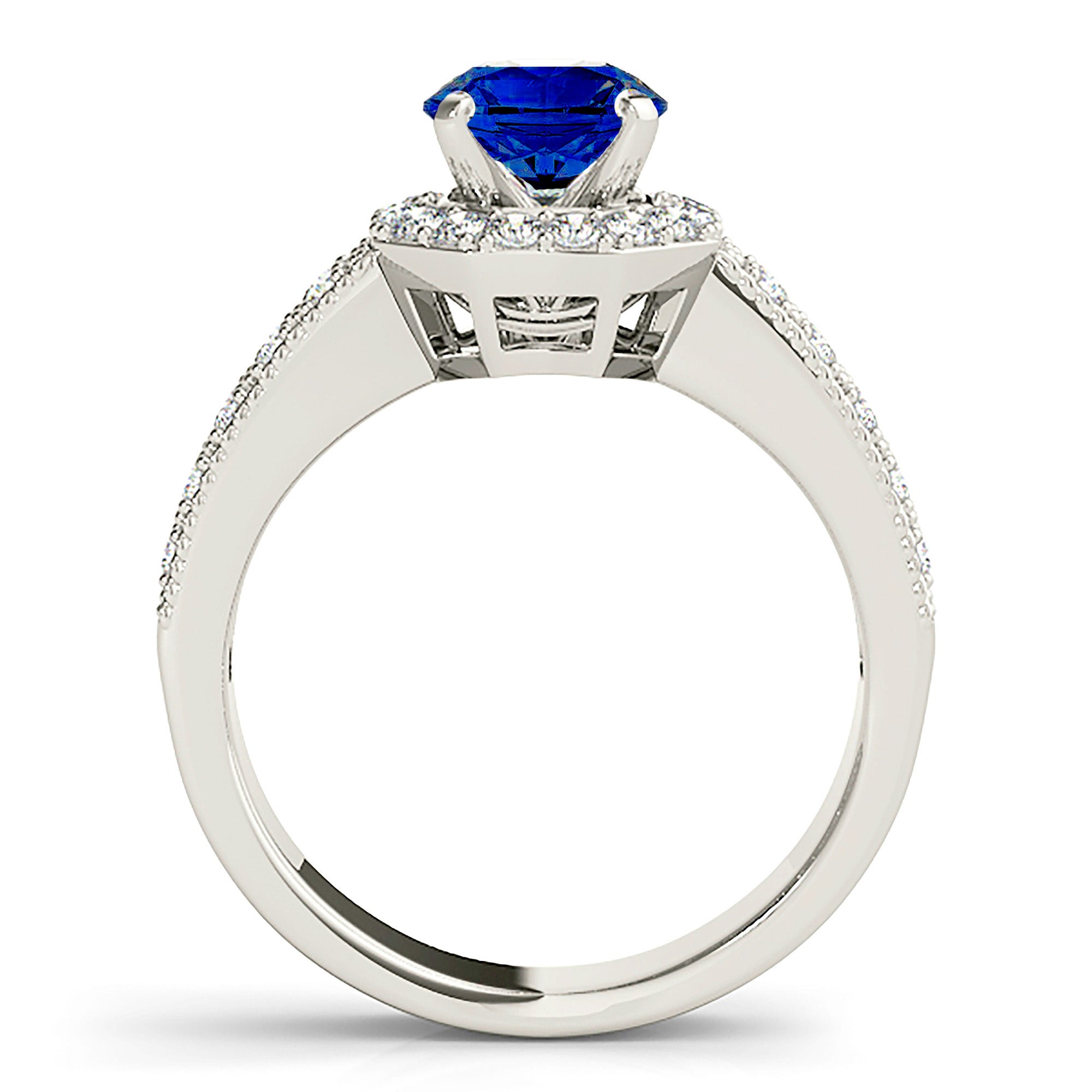 1.35 ct. Genuine Blue Sapphire Halo Ring with 0.35 ctw. Two Row Side Diamonds-VIRABYANI