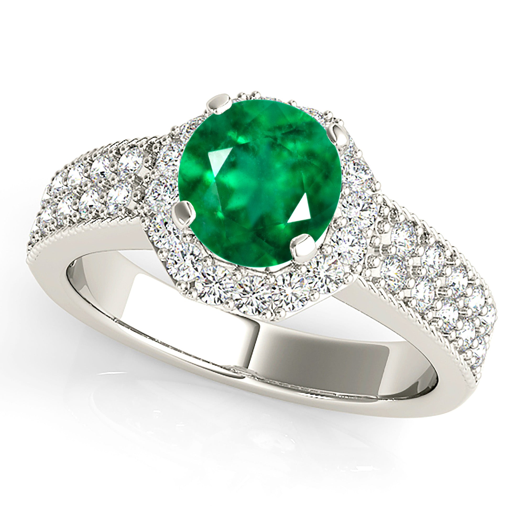 1.14 ct. Genuine Emerald Ring With 0.35 ctw. Diamond Halo ,Double Row Diamond Band,Milgrain Design-VIRABYANI
