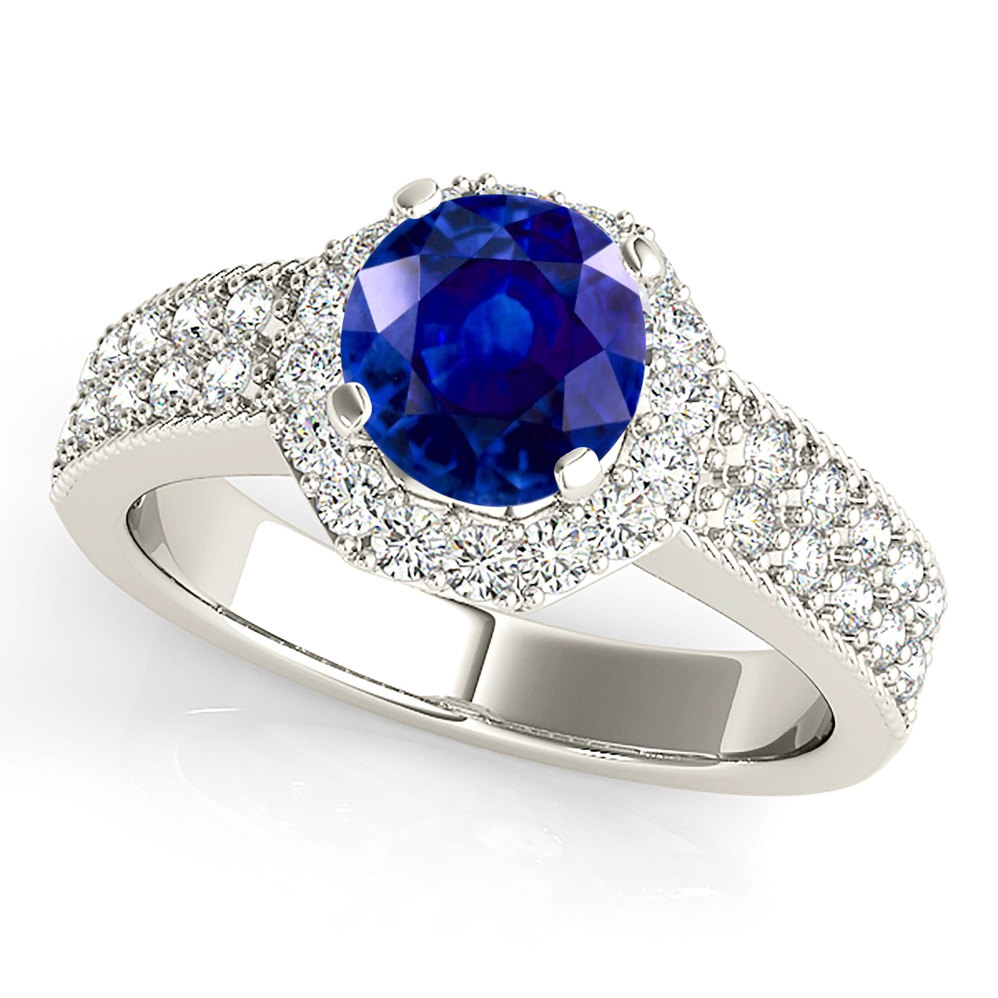 1.35 ct. Genuine Blue Sapphire Halo Ring with 0.35 ctw. Two Row Side Diamonds-VIRABYANI