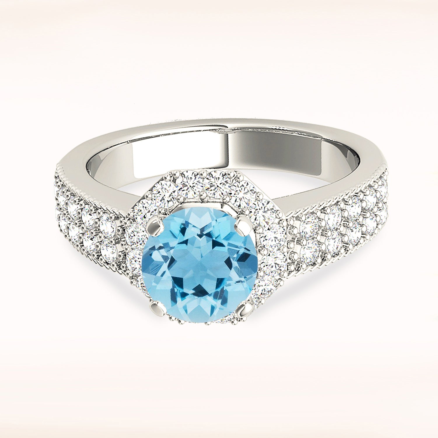 1.10 ct. Genuine Aquamarine Ring With 0.35 ctw. Diamond Halo and Double Row Diamond Band, Milgrain Design | Round Blue Aquamarine Halo Ring-VIRABYANI