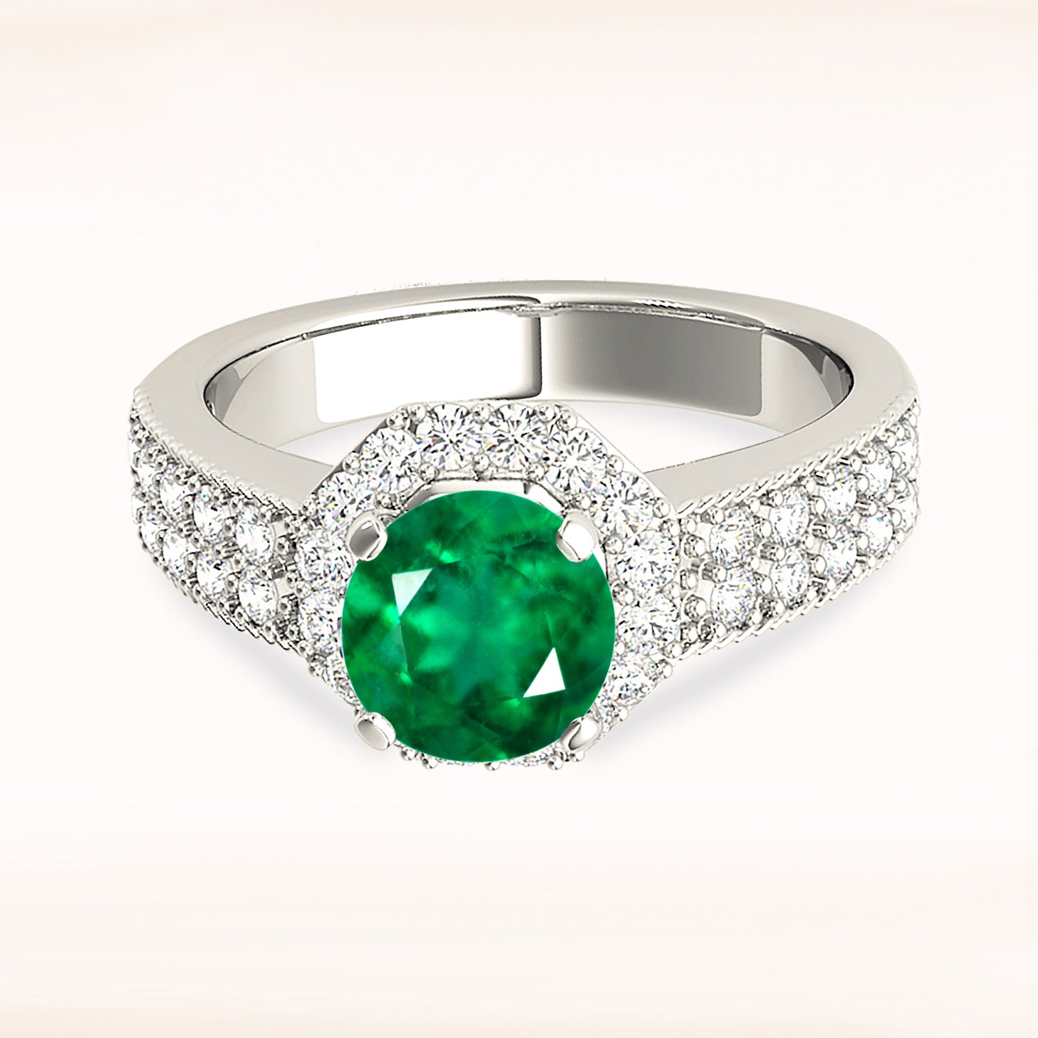 1.14 ct. Genuine Emerald Ring With 0.35 ctw. Diamond Halo ,Double Row Diamond Band,Milgrain Design-VIRABYANI
