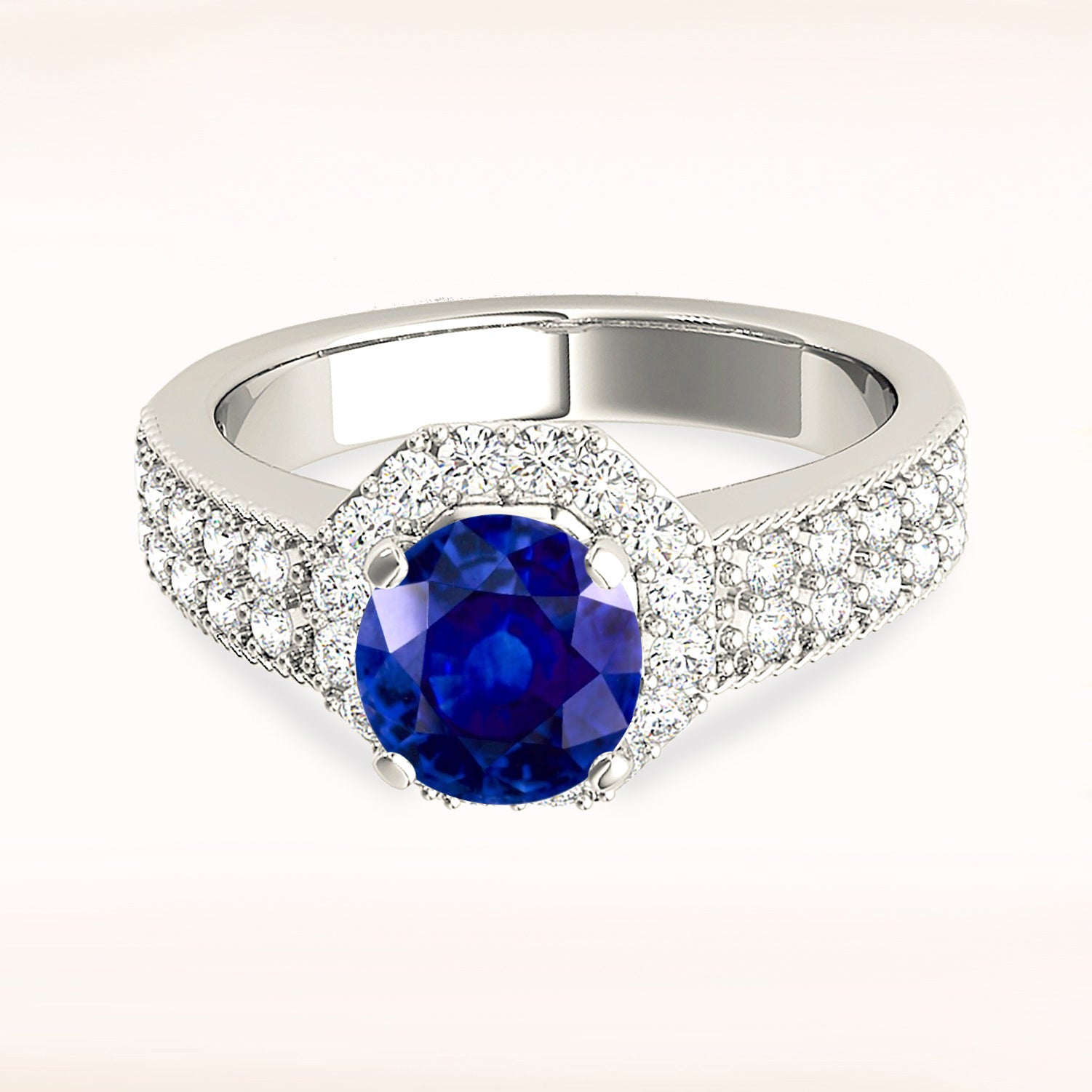 1.35 ct. Genuine Blue Sapphire Halo Ring with 0.35 ctw. Two Row Side Diamonds-VIRABYANI