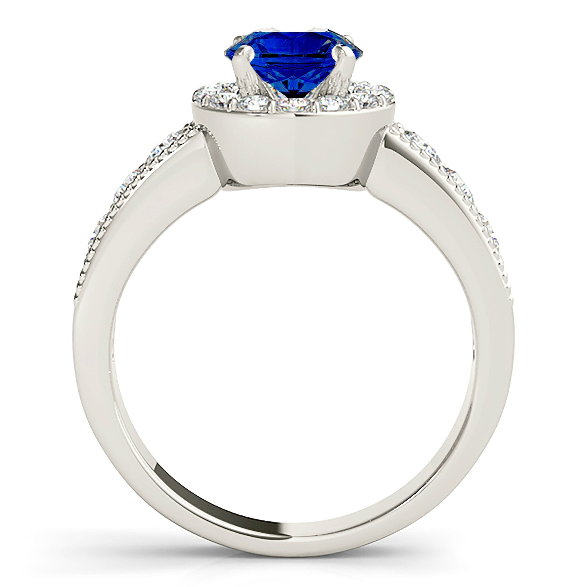 1.35 ct. Genuine Blue Sapphire Halo Ring With 0.75 ctw. Milgrain Side Diamonds-VIRABYANI