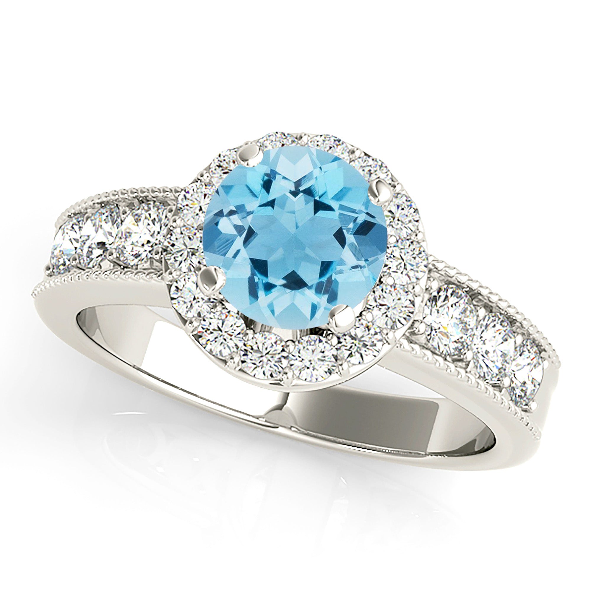 1.10 ct. Genuine Aquamarine Ring With 0.75 ctw. Diamond Halo And Milgrain Diamond Band | Round Blue Aquamarine Halo Ring-VIRABYANI