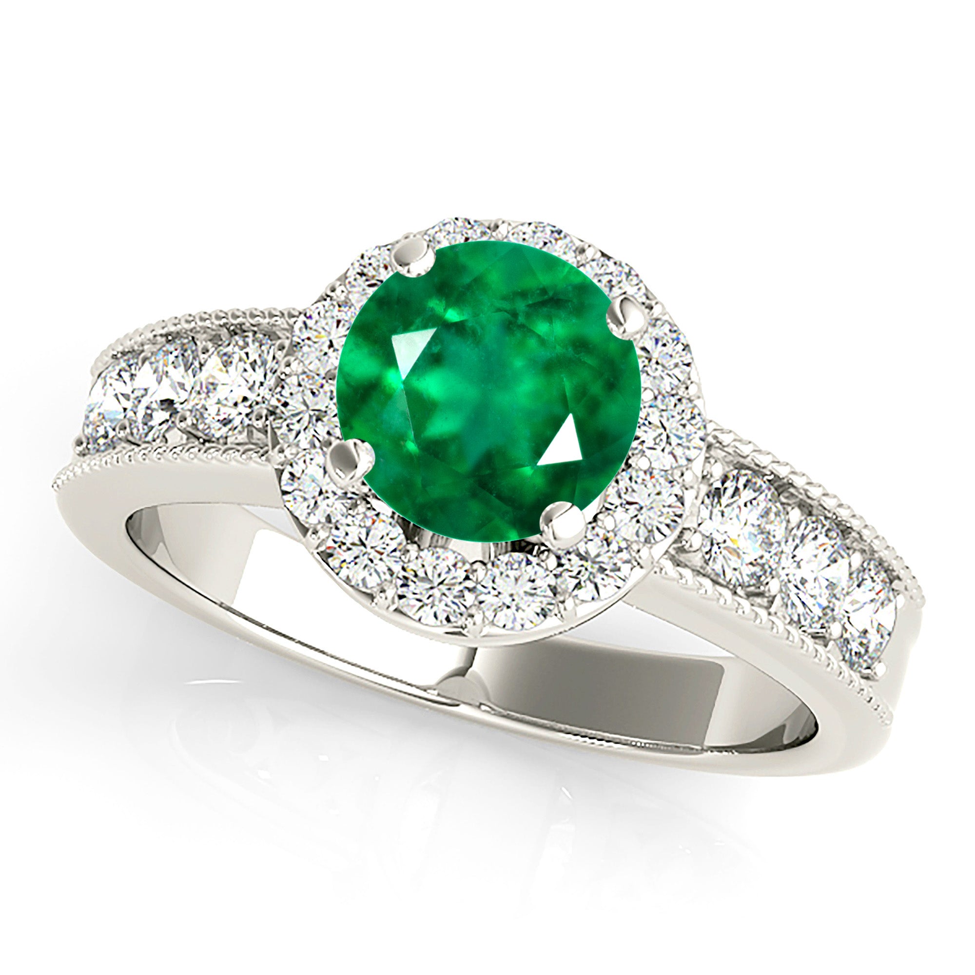 1.14 ct. Genuine Emerald Ring With 0.75 ctw. Diamond Halo, Milgrain Design Diamond Band-VIRABYANI