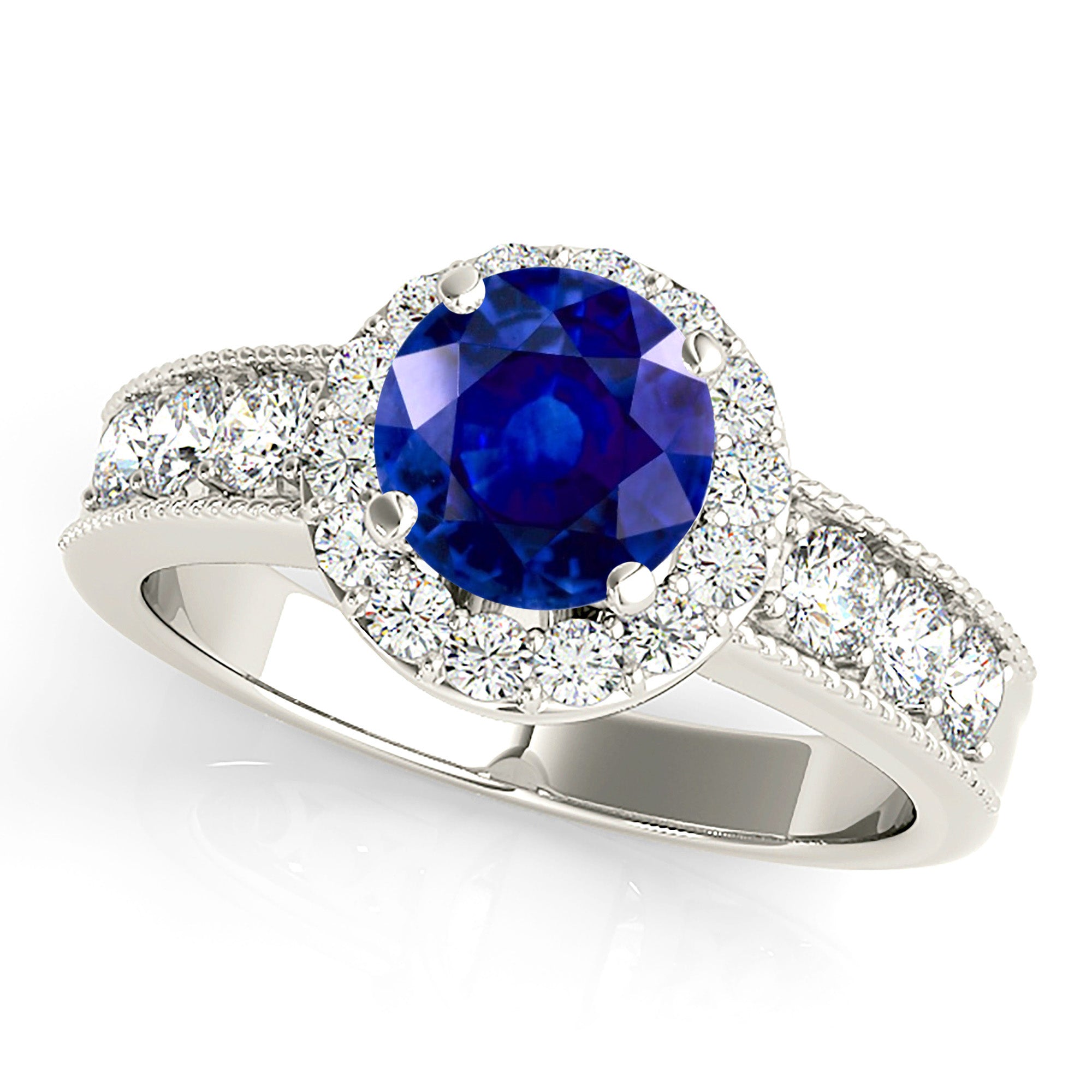 1.35 ct. Genuine Blue Sapphire Halo Ring With 0.75 ctw. Milgrain Side Diamonds-VIRABYANI