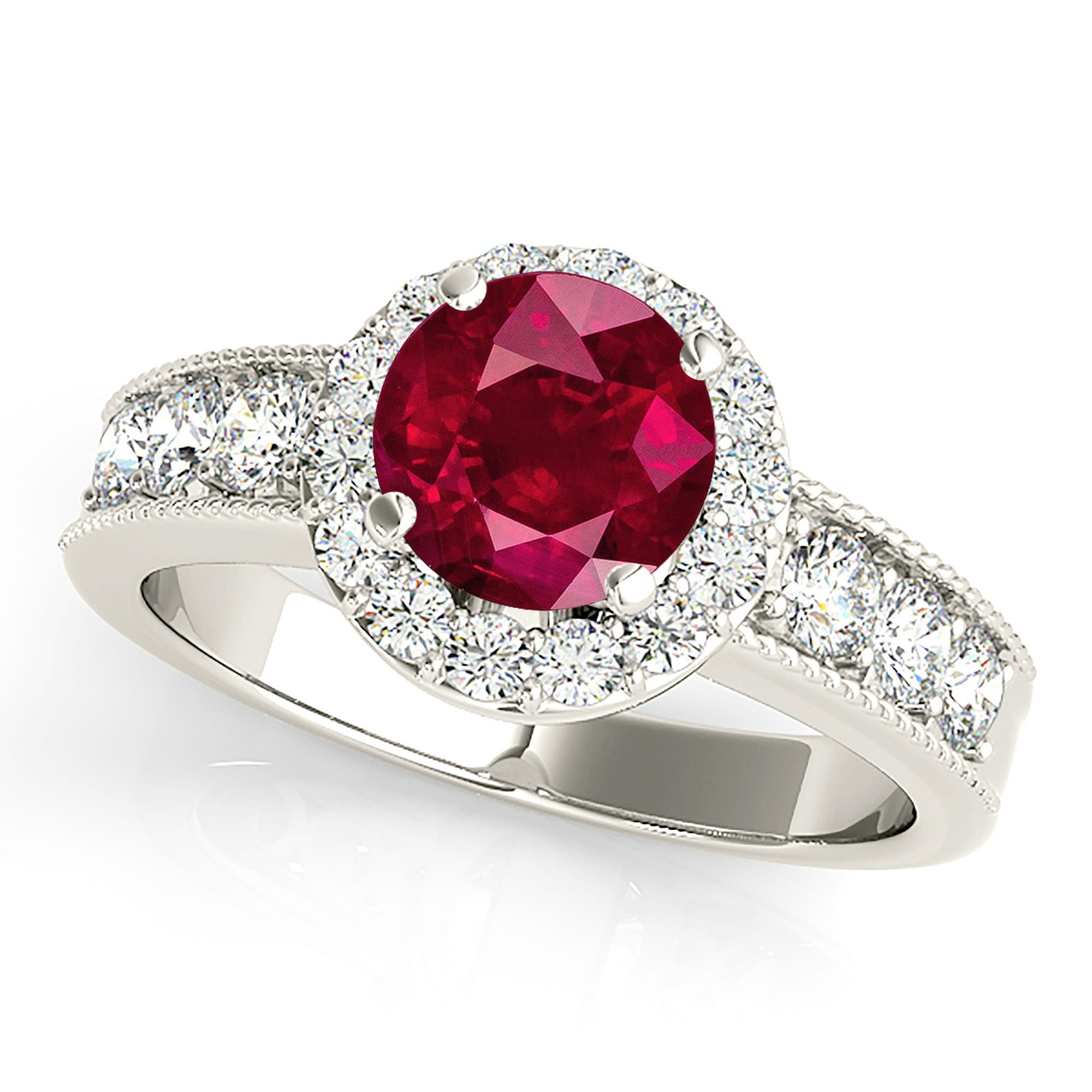1.35 ct. Genuine Ruby Ring With 0.75 ctw. Diamond Halo And Milgrain Diamond Band-VIRABYANI