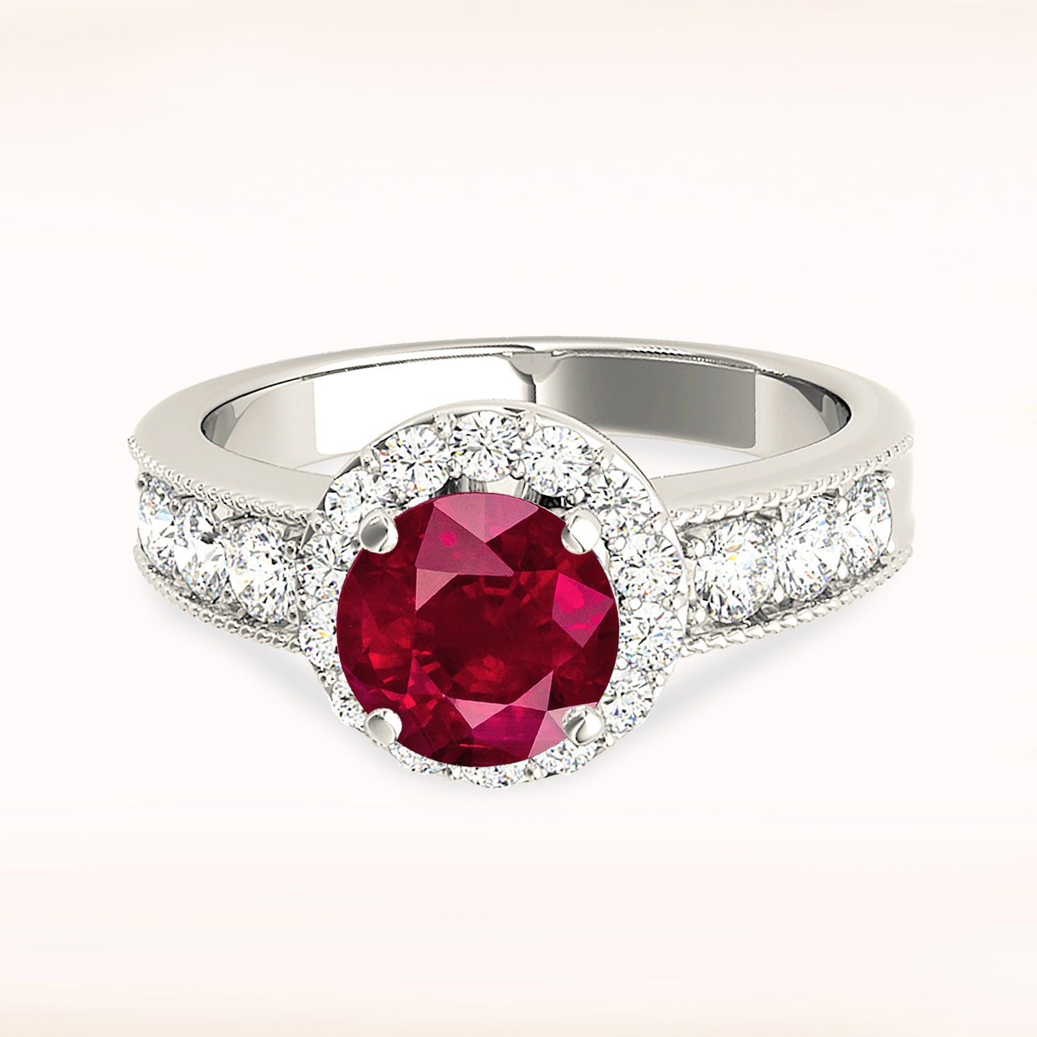 1.35 ct. Genuine Ruby Ring With 0.75 ctw. Diamond Halo And Milgrain Diamond Band-VIRABYANI